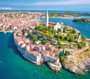 Town of Rovinj historic peninsula aerial view, famous tourist destination in Istria region of Croatia