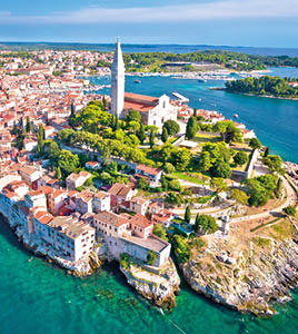 Town of Rovinj historic peninsula aerial view, famous tourist destination in Istria region of Croatia