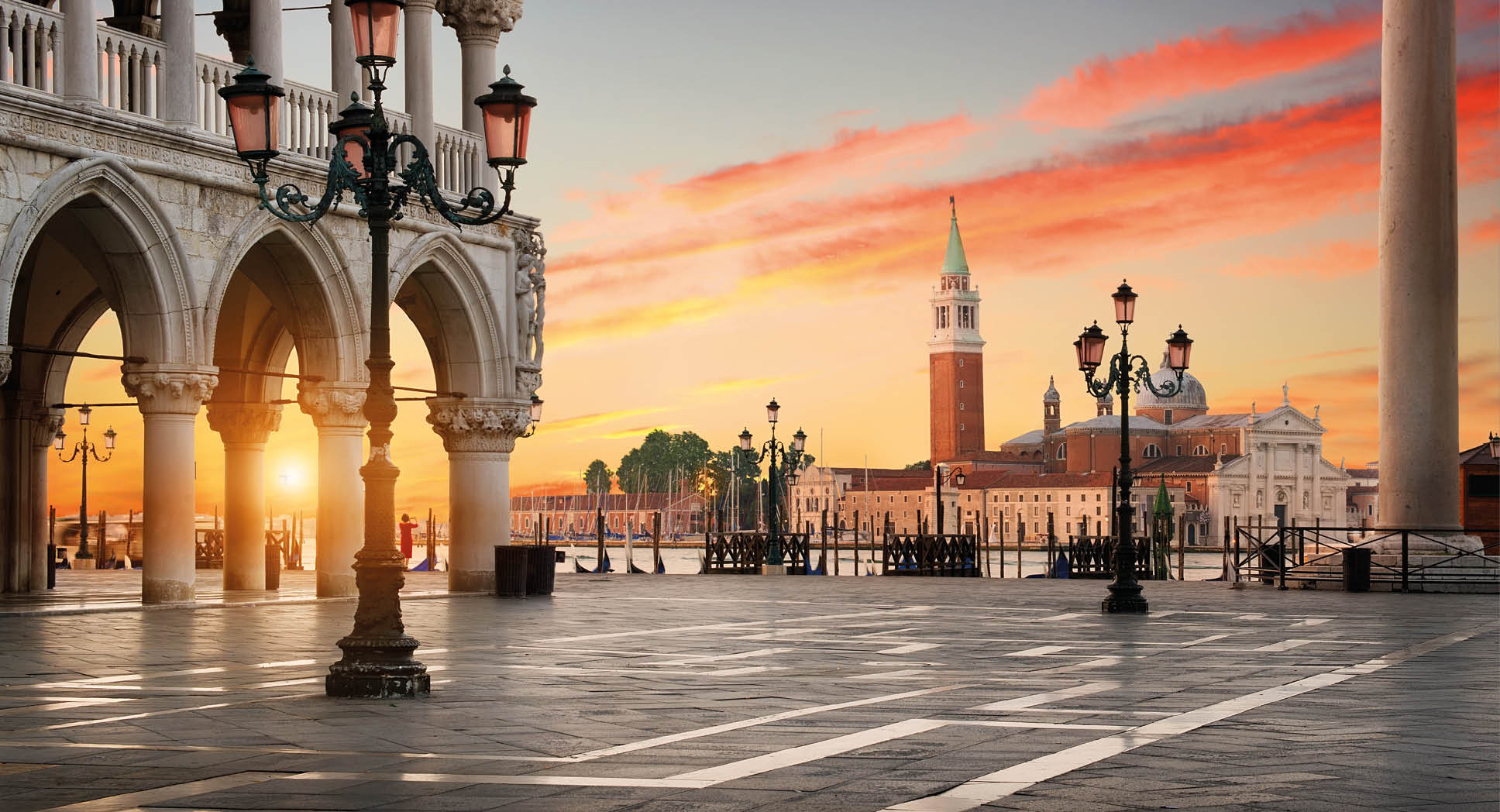 Square San Marco with the view on Palazzo Ducale and San Giorgio Maggiore in Venice at sunrise, Italy