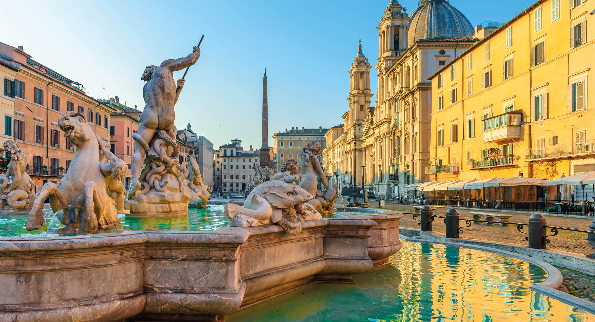 Navona Square or Piazza Navona in Rome, Italy with fountain. Rome architecture and landmark at sunrise with nobody