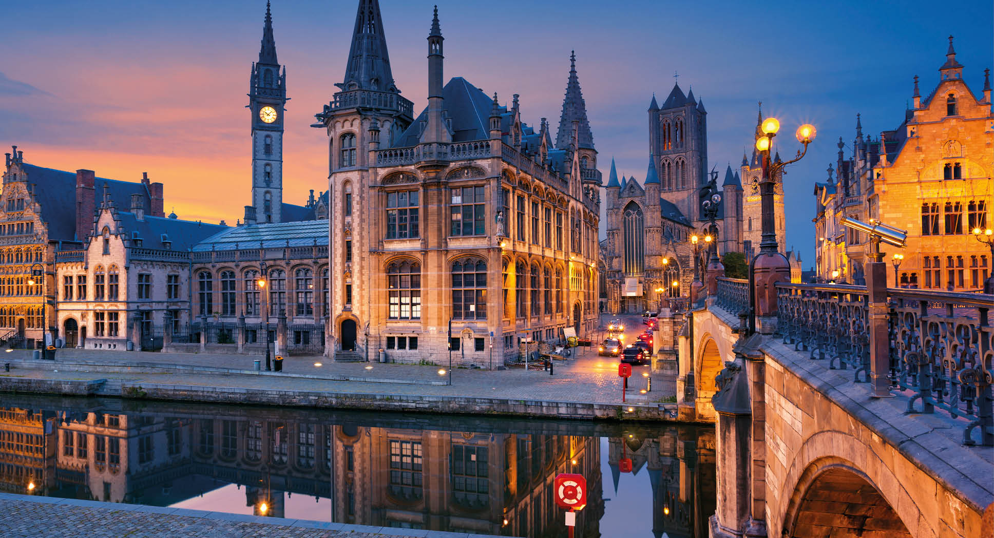 Image of Ghent, Belgium during twilight blue hour.