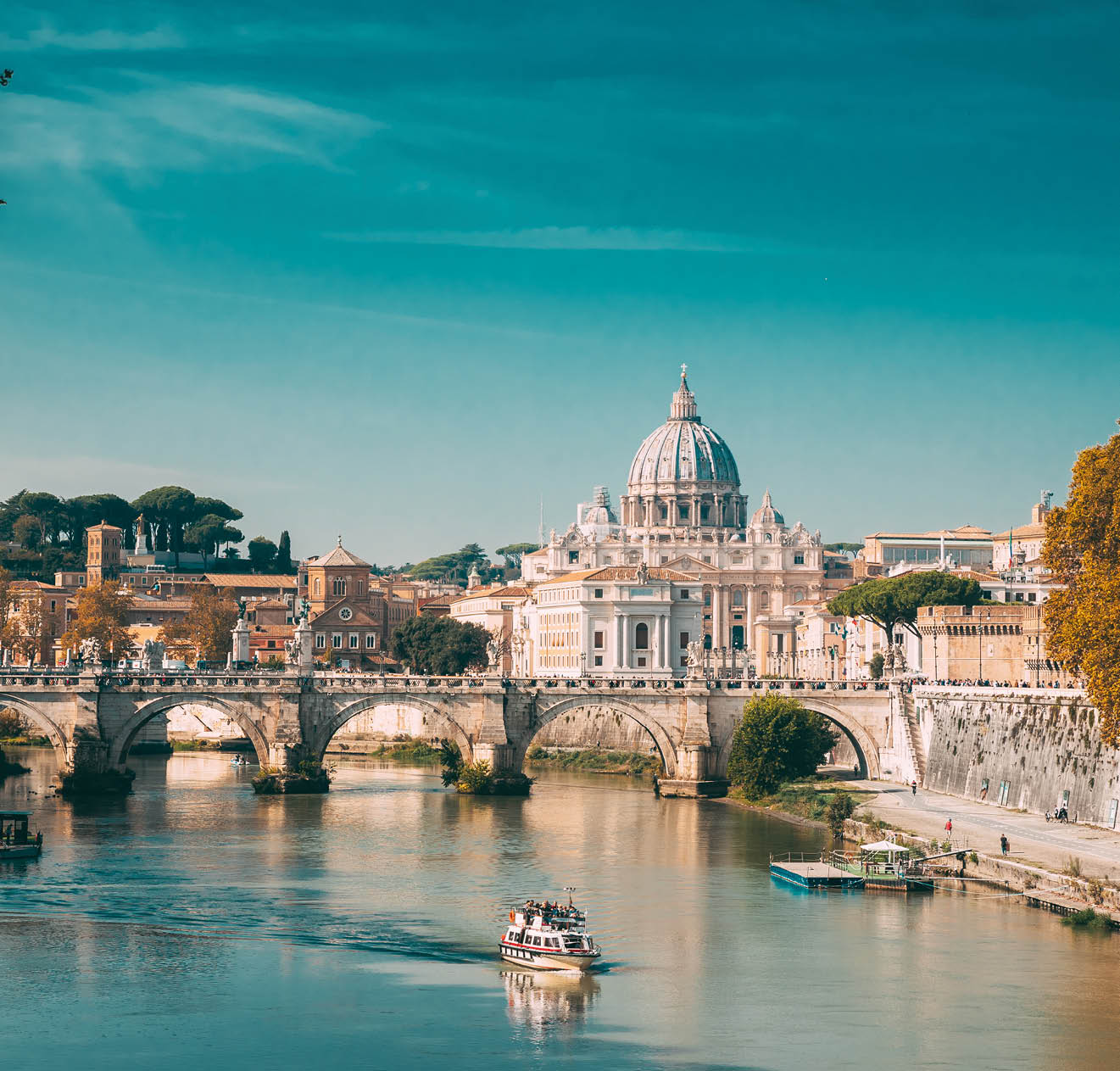 Rome, Italy. Papal Basilica Of St. Peter In The Vatican. Sightseeing Boat Floating Near Aelian Bridge. Tour Touristic Boat