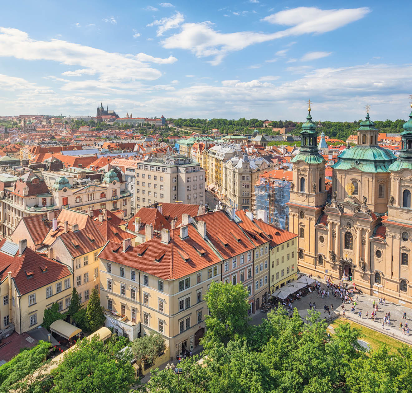 View over central Prague, old town (Stare Mesto) district. On the right is St Nicholas Church, completed in 1737.