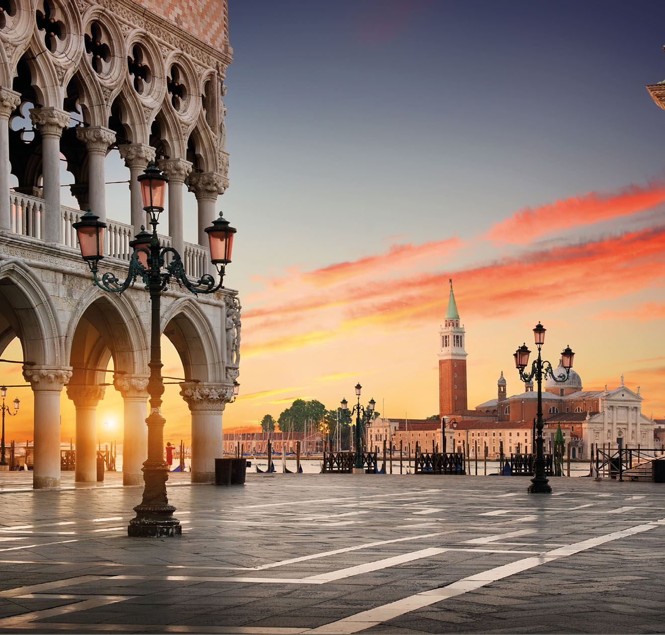 Square San Marco with the view on Palazzo Ducale and San Giorgio Maggiore in Venice at sunrise, Italy