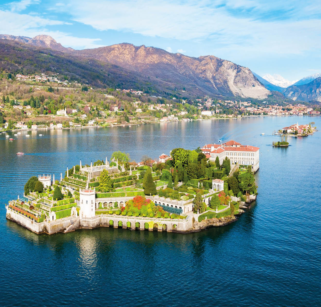 Isola Bella and Stresa town aerial panoramic view. Isola Bella is one of the Borromean Islands of Lago Maggiore in north Italy.