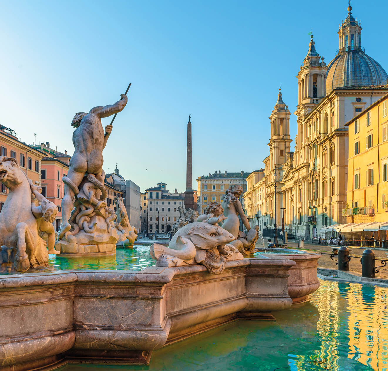 Navona Square or Piazza Navona in Rome, Italy with fountain. Rome architecture and landmark at sunrise with nobody
