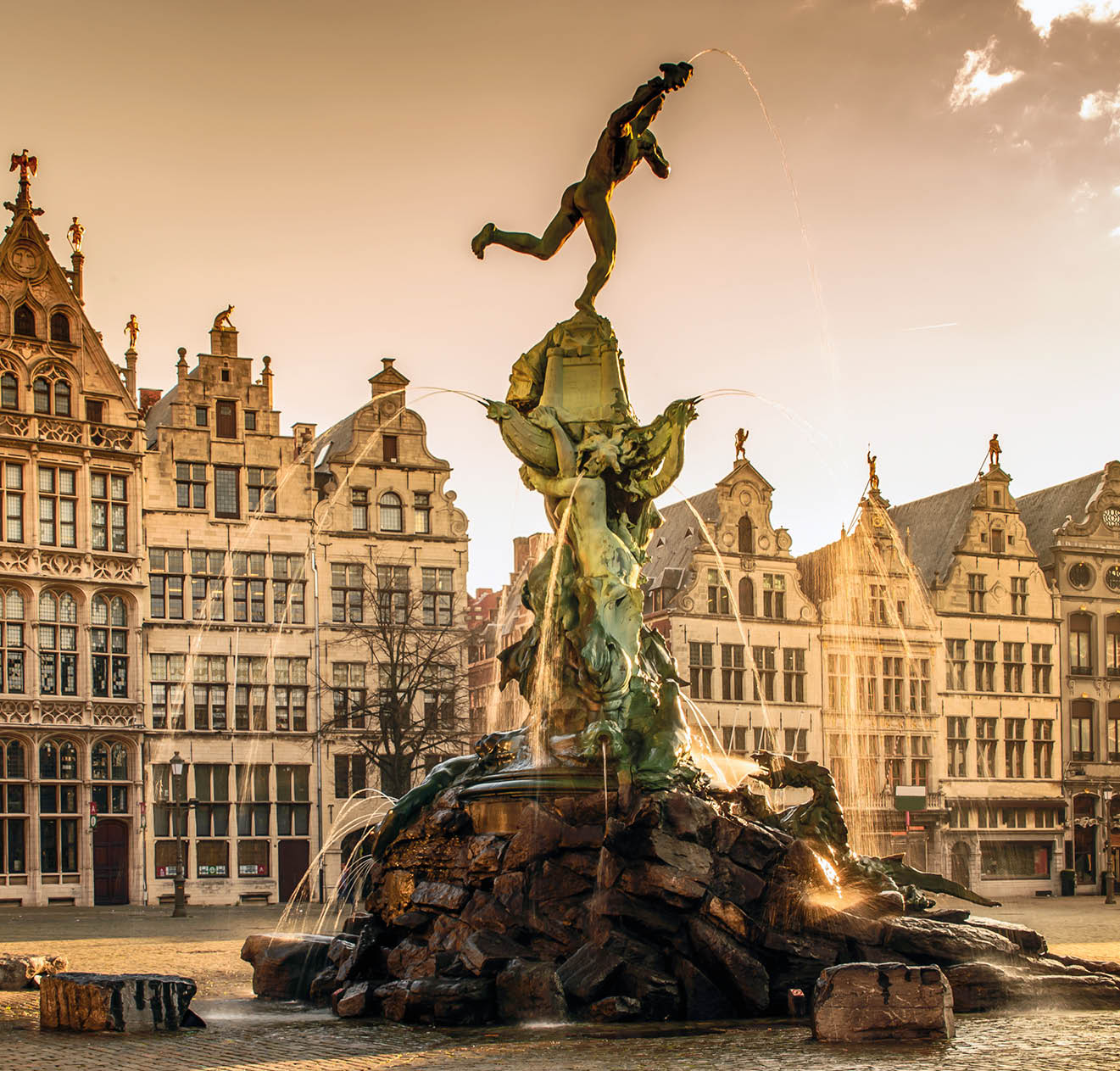 Brabo fountain in front of the town hall on the Great Market Square of Antwerp, Belgium