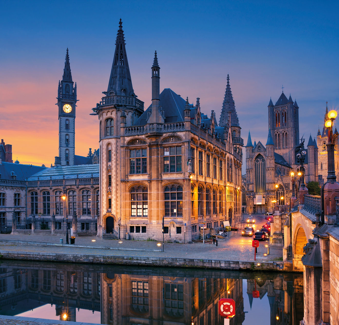 Image of Ghent, Belgium during twilight blue hour.