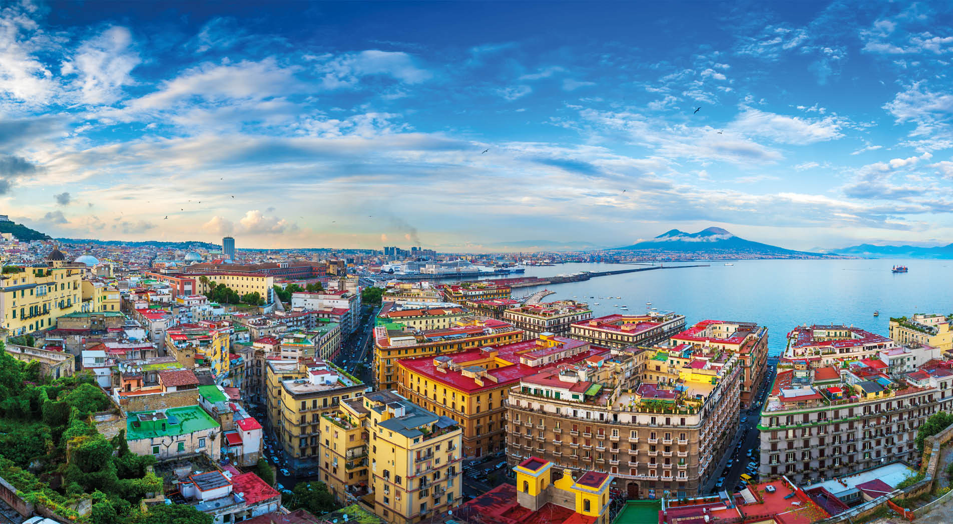 Panorama of Naples, view of the port in the Gulf of Naples and Mount Vesuvius. The province of Campania. Italy.