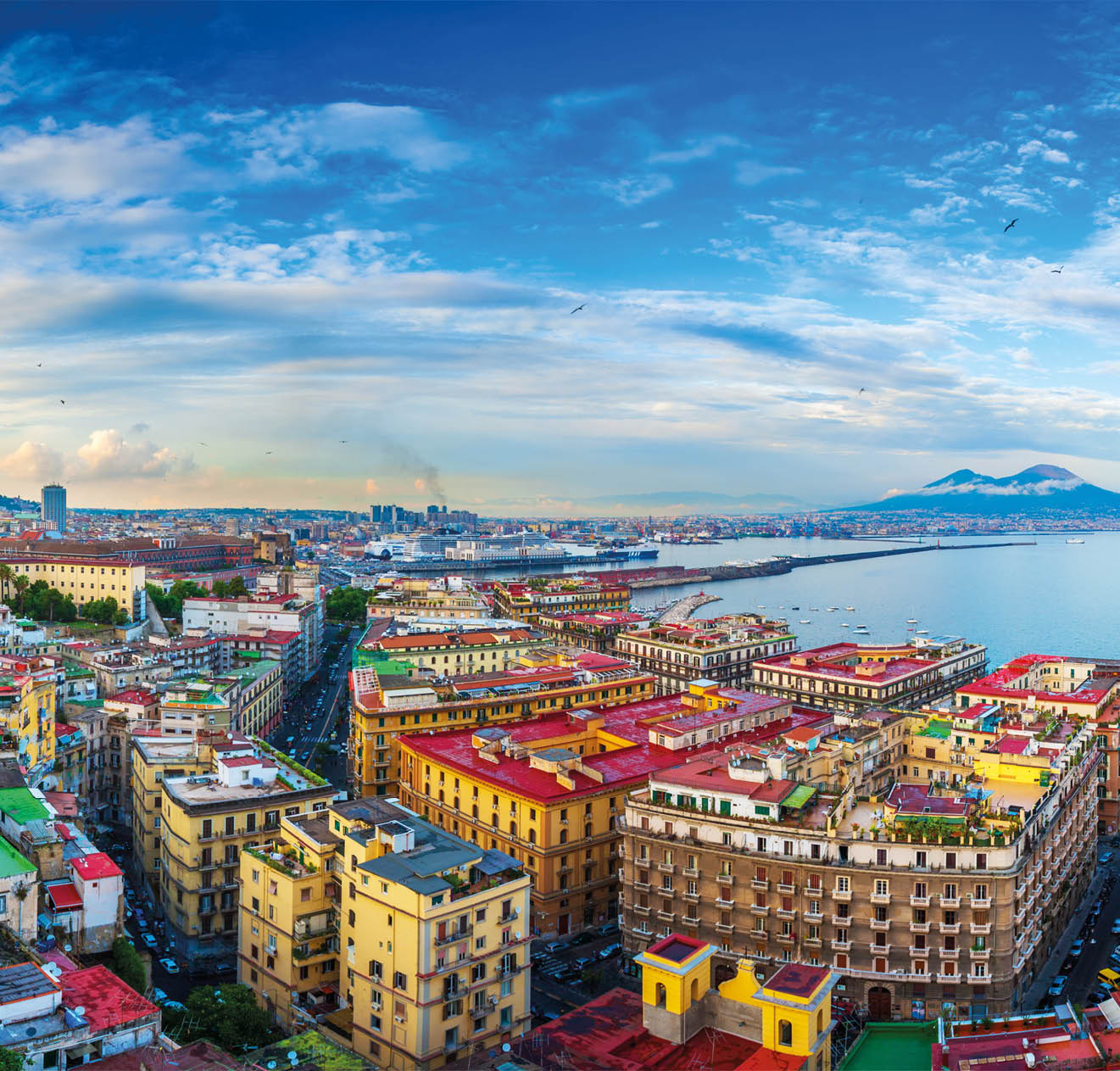 Panorama of Naples, view of the port in the Gulf of Naples and Mount Vesuvius. The province of Campania. Italy.