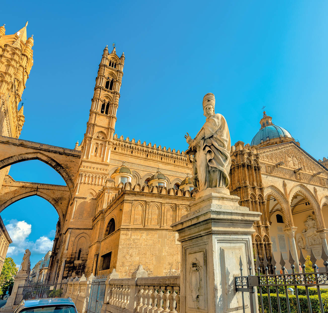 Side view of Palermo Cathedral (Duomo di Palermo) in Palermo, Sicily, Italy