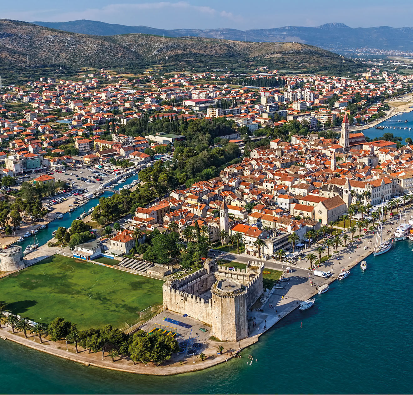 Trogir old town panorama with Kamerlengo Castle in front.