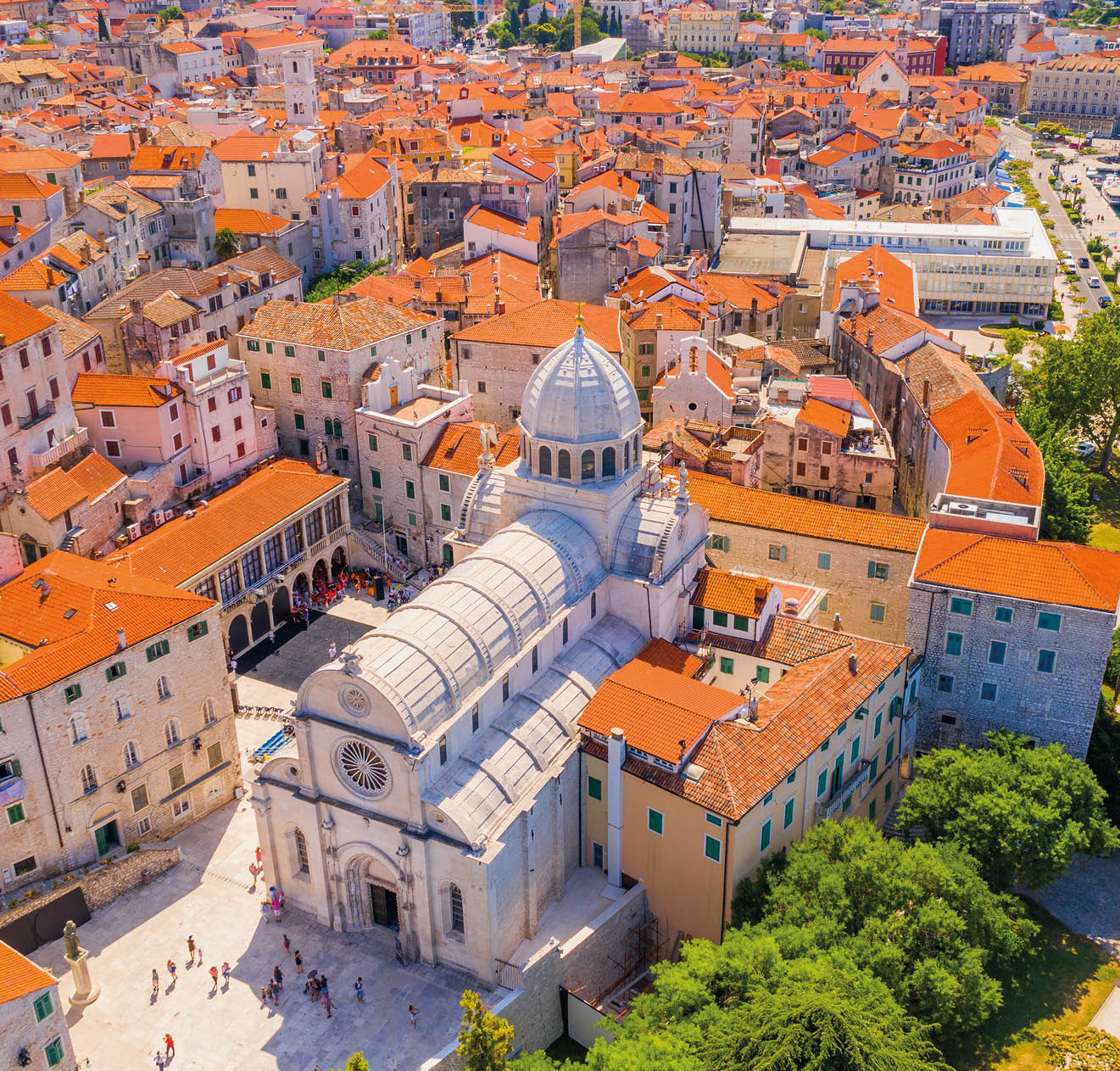 Croatia, beautiful old city of Sibenik, panoramic view of the town center and cathedral of St James