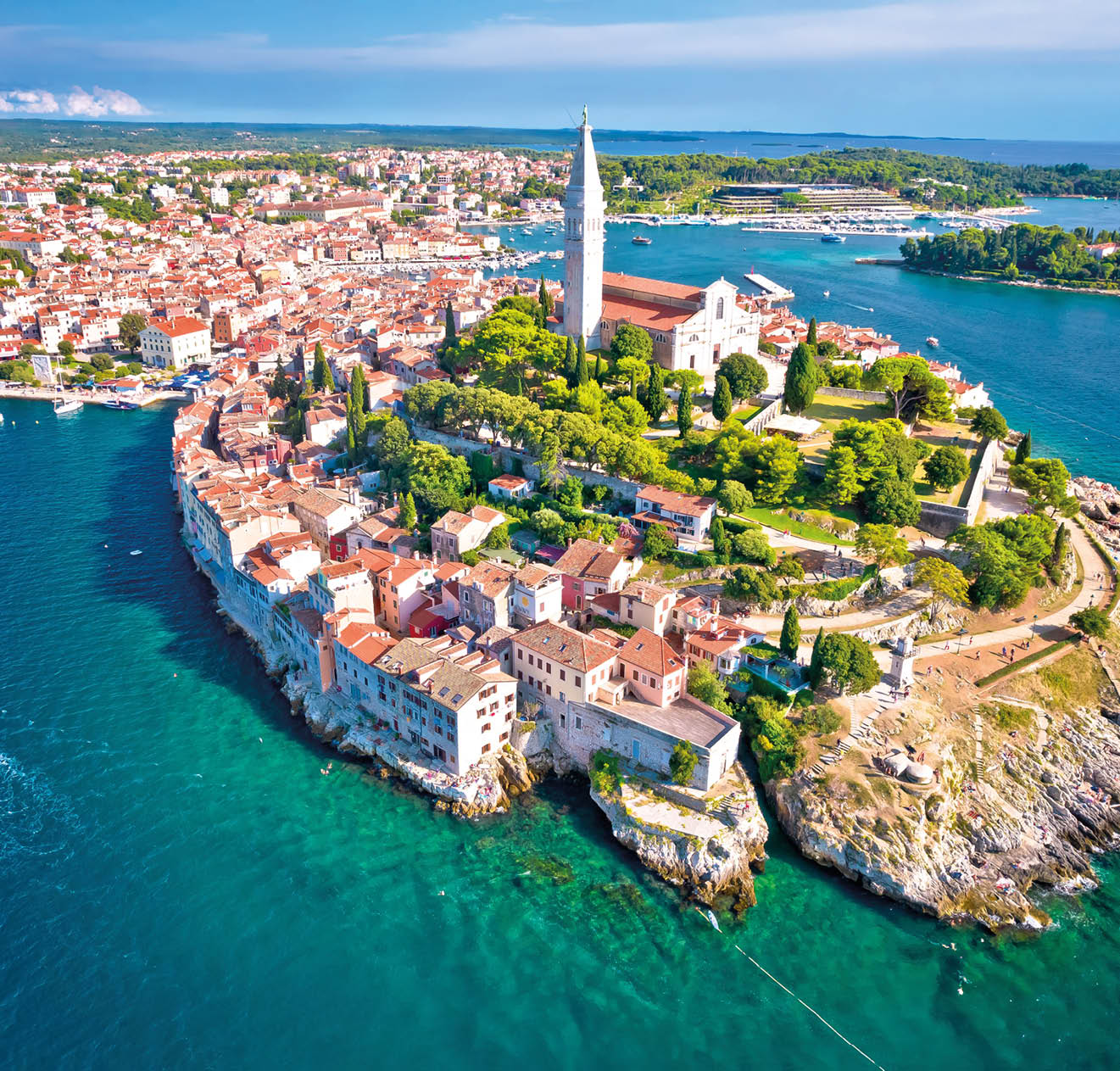 Town of Rovinj historic peninsula aerial view, famous tourist destination in Istria region of Croatia