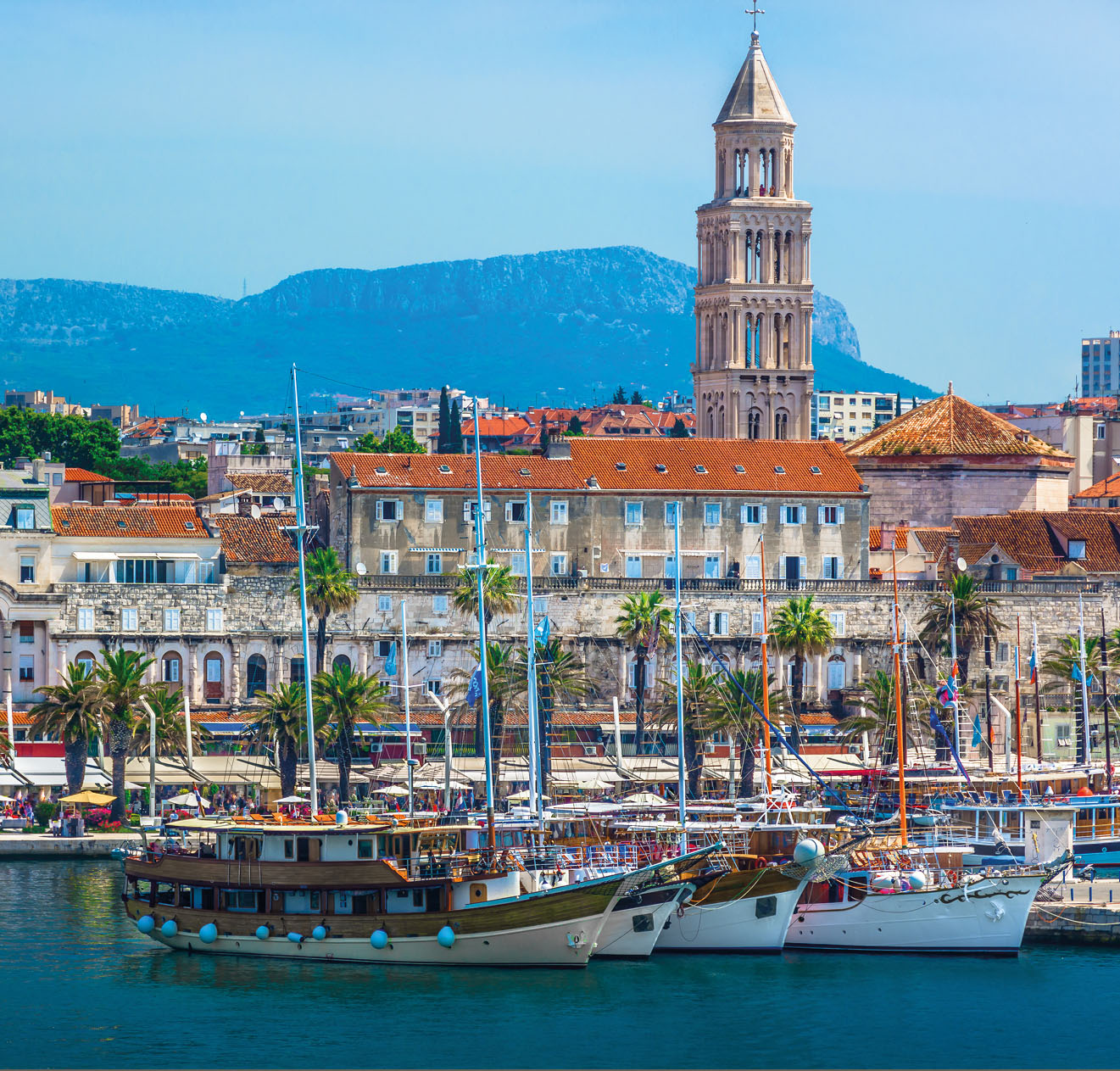 Seafront view at old city center in Split town, view from the Adriatic Sea, Croatia.