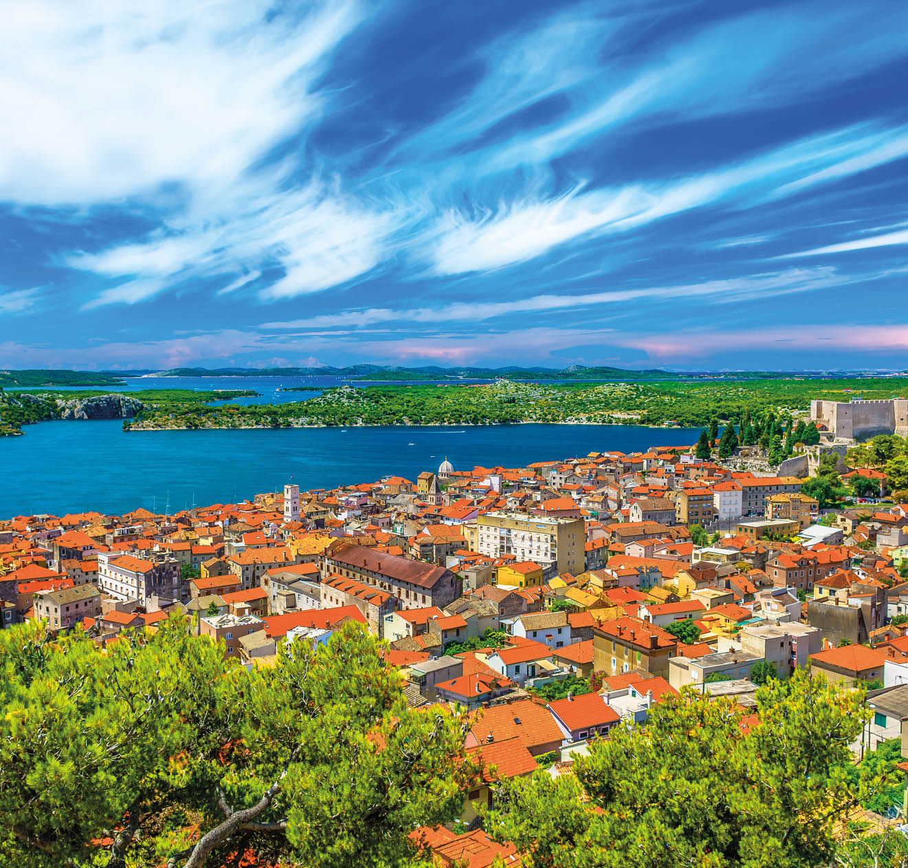 Aerial view at famous cityscape of old town Sibenik, UNESCO World Heritage Site in Dalmatia region, Croatia.