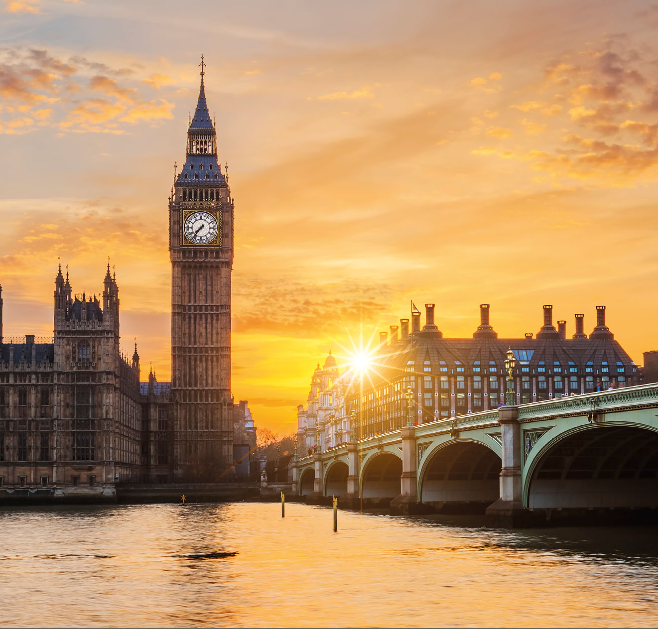 Big Ben and Westminster Bridge at sunset, London, UK