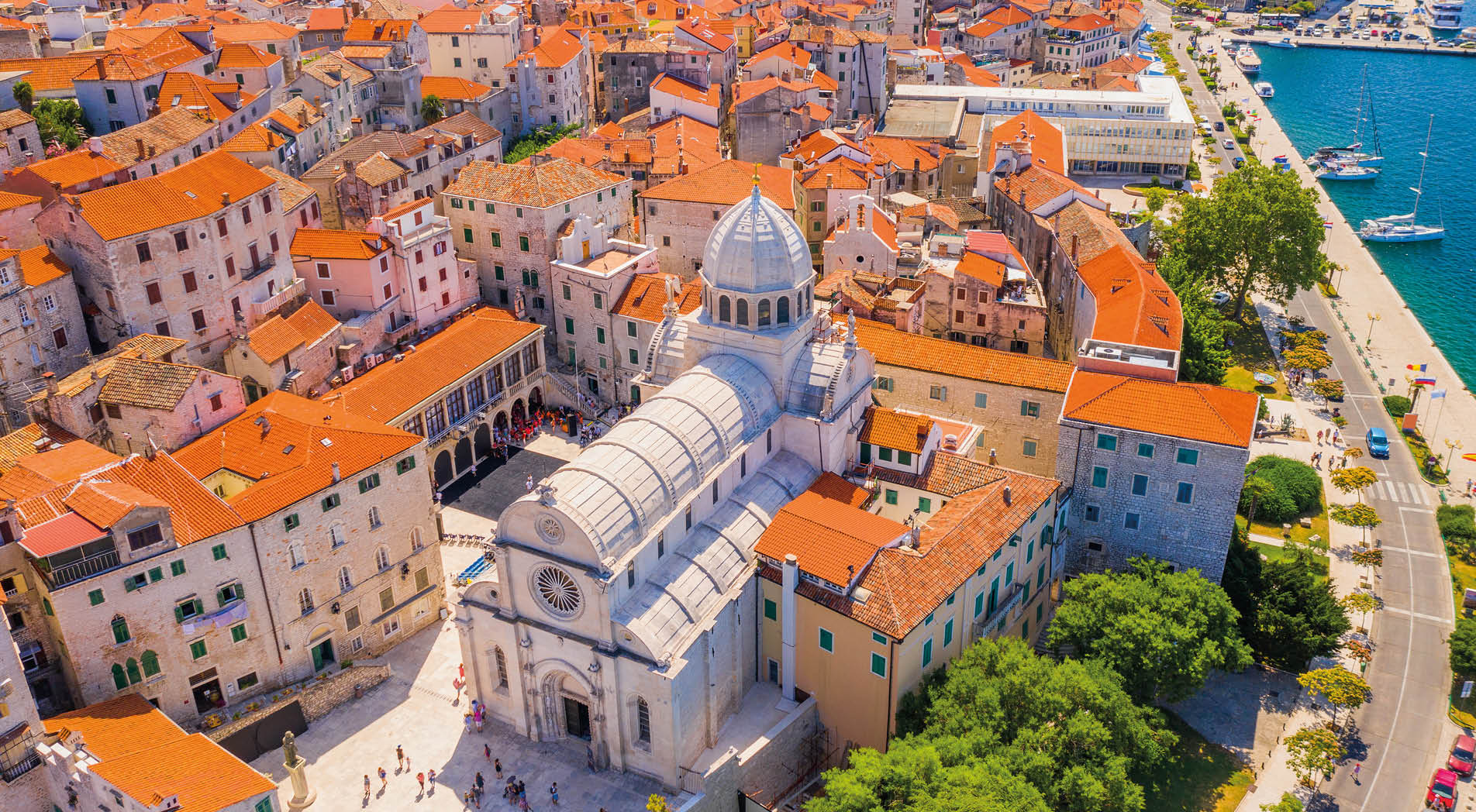 Croatia, beautiful old city of Sibenik, panoramic view of the town center and cathedral of St James