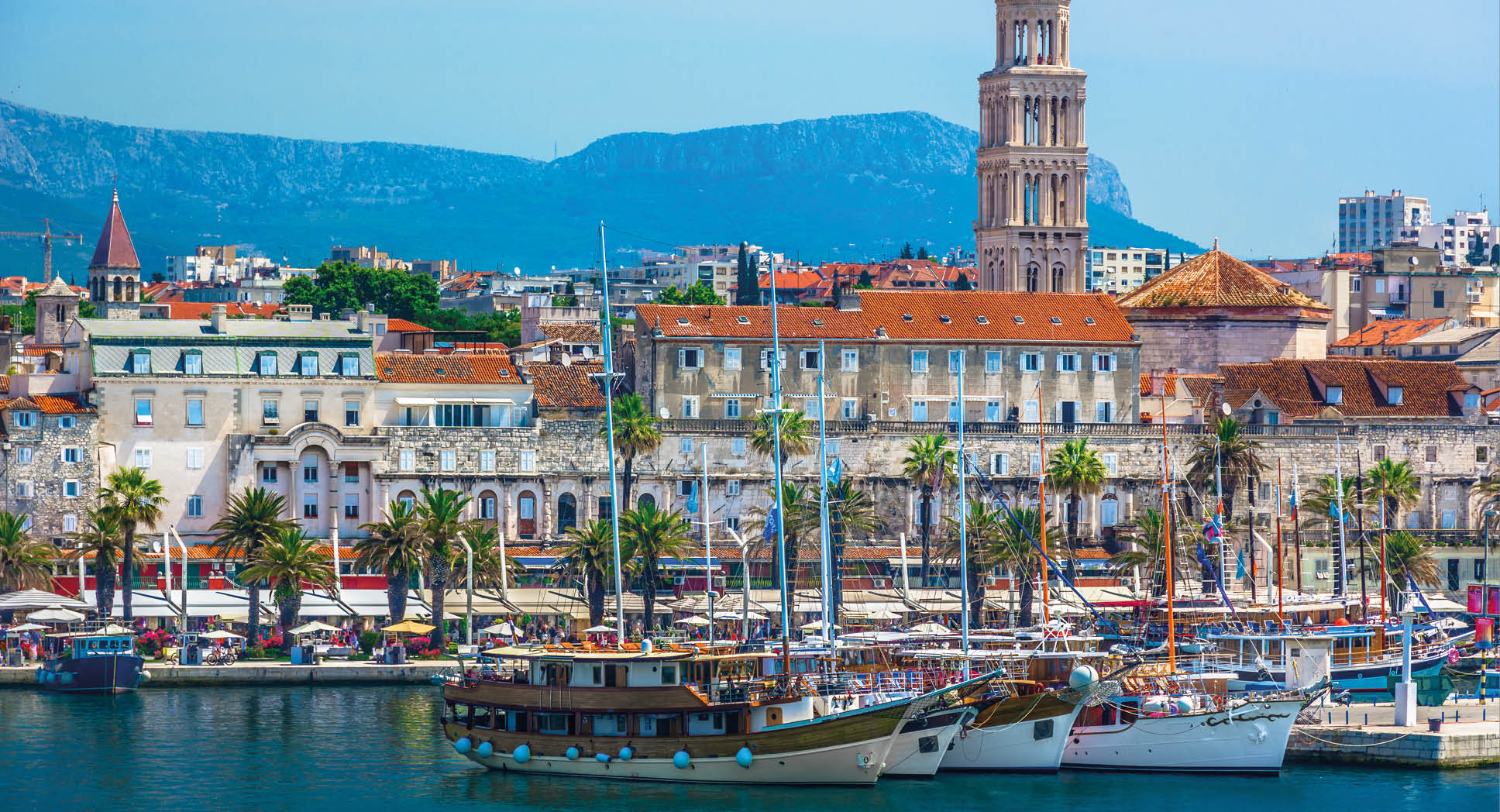 Seafront view at old city center in Split town, view from the Adriatic Sea, Croatia.