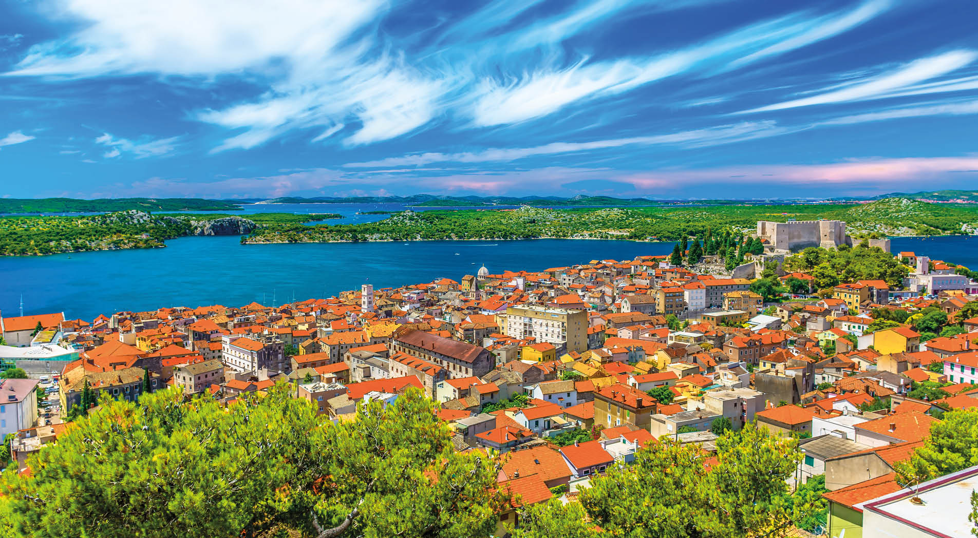 Aerial view at famous cityscape of old town Sibenik, UNESCO World Heritage Site in Dalmatia region, Croatia.