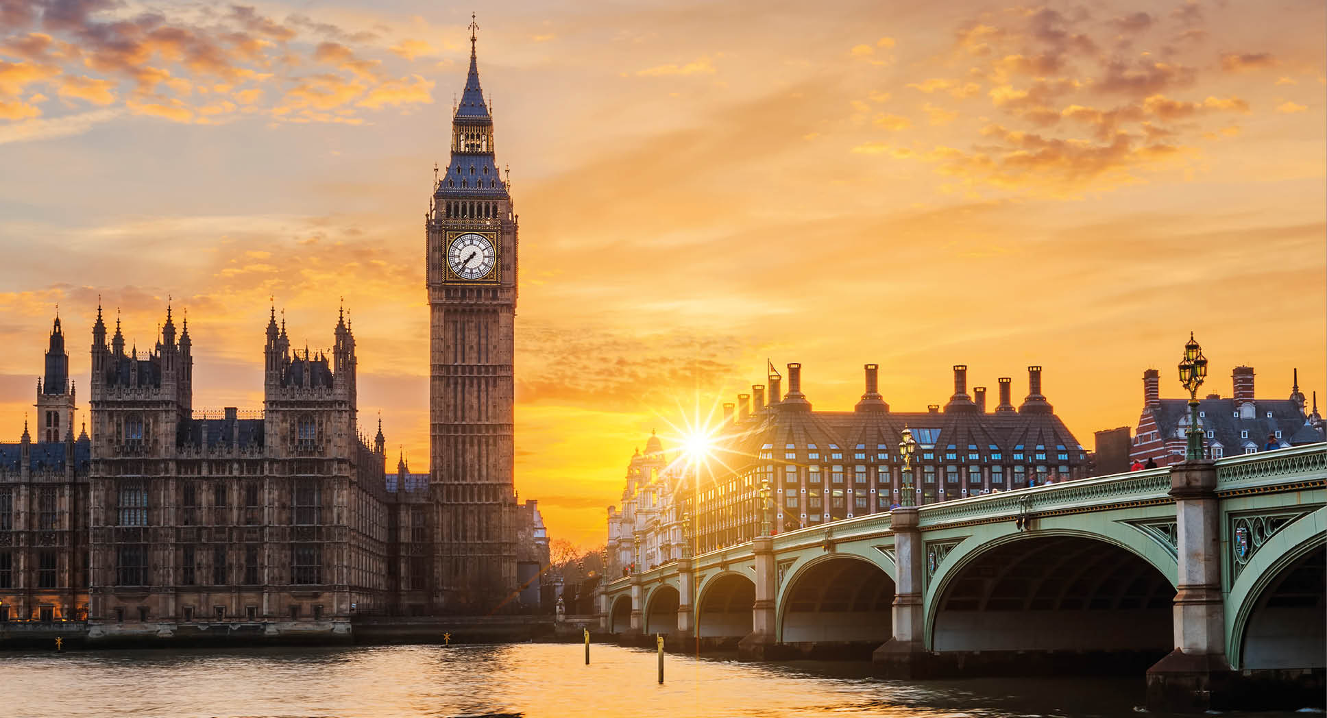 Big Ben and Westminster Bridge at sunset, London, UK