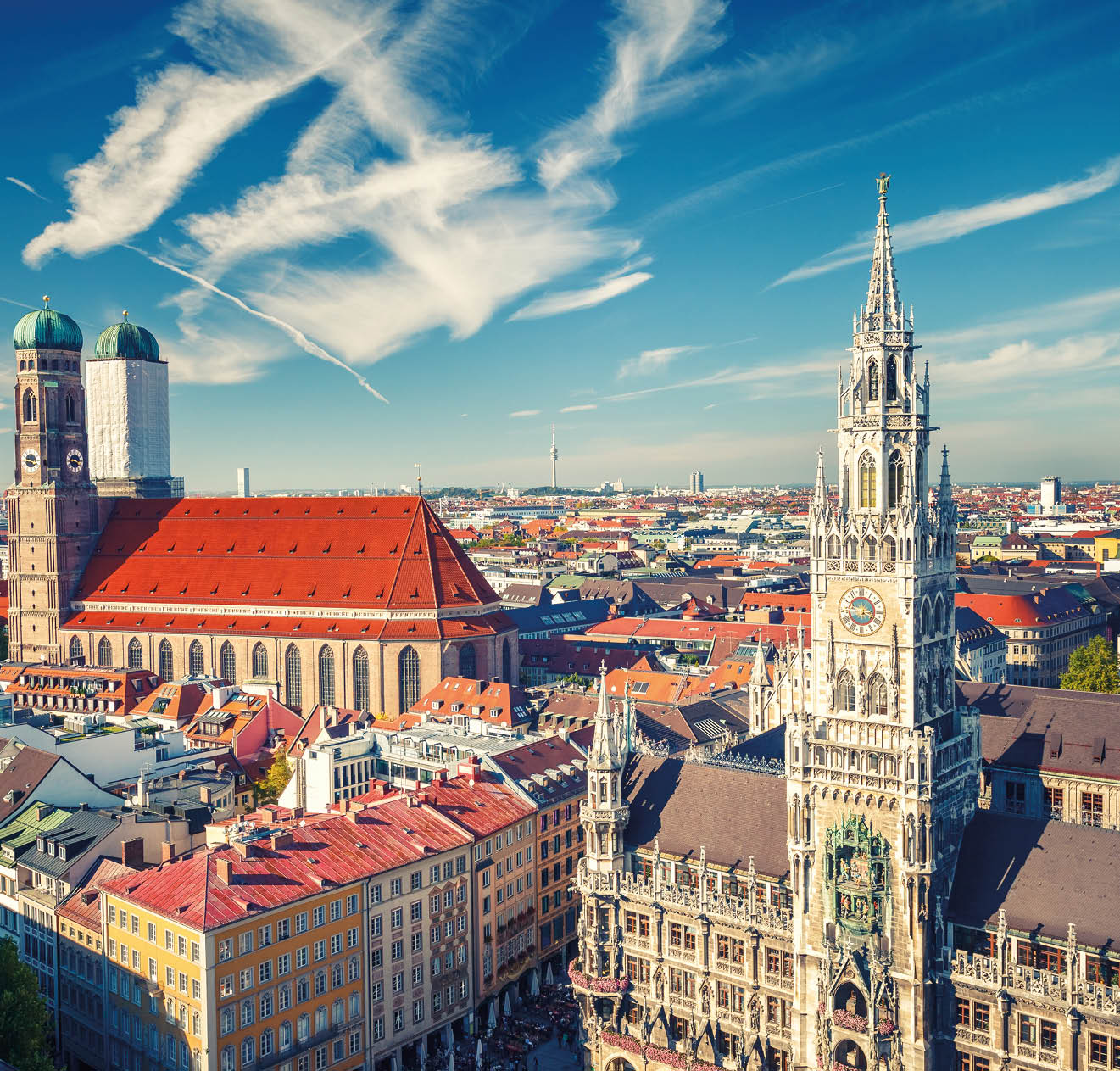 Aerial view of Munchen: New Town Hall and Frauenkirche