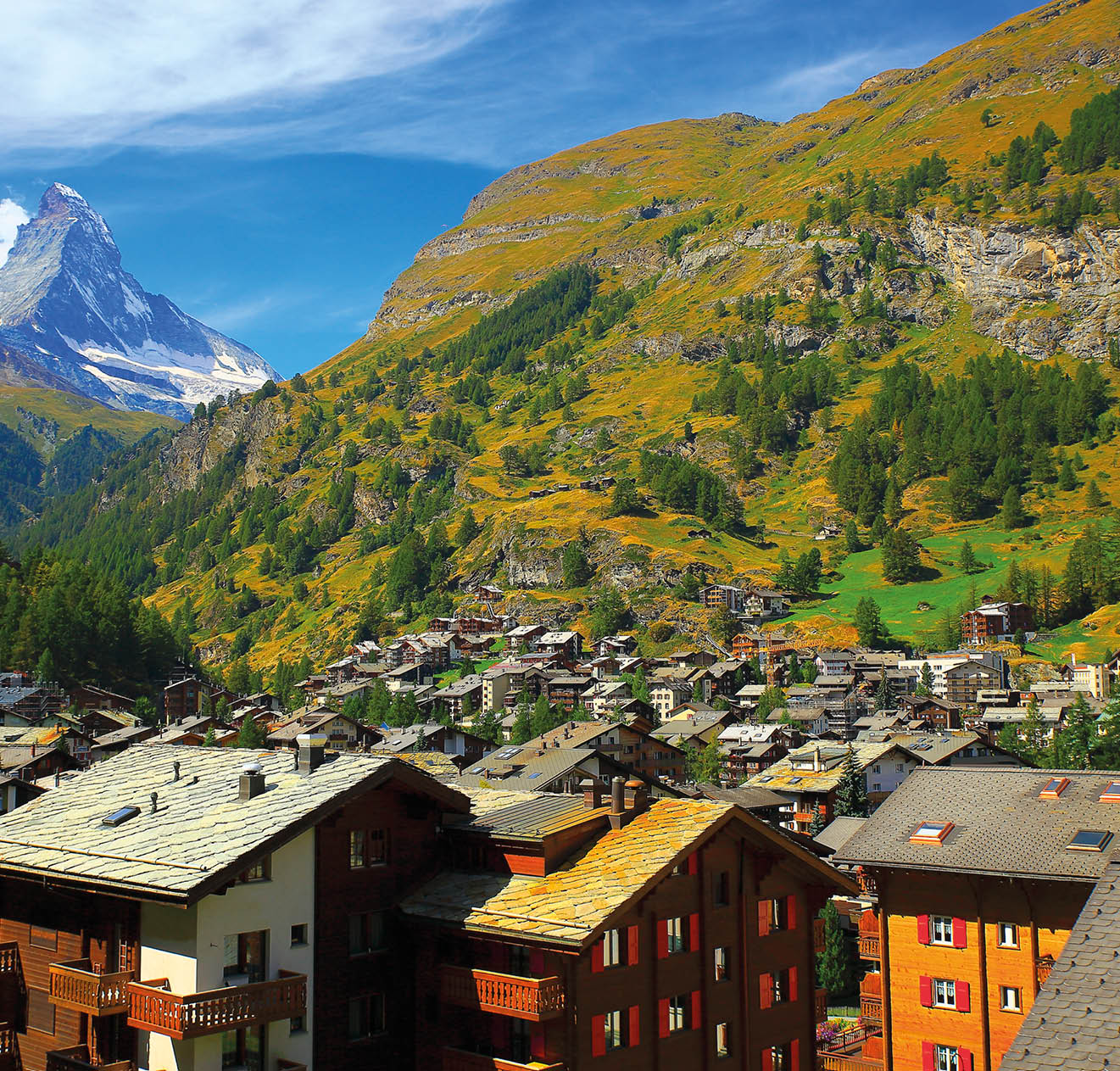 Matterhorn Above Zermatt alpine village swiss chalets panorama, Swiss Alps
