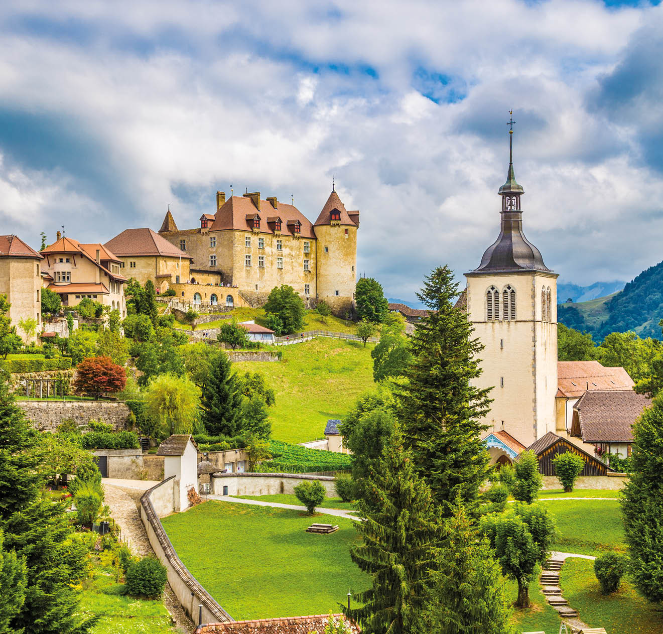 Beautiful view of the medieval town of Gruyeres, home to the world-famous Le Gruyere cheese, canton of Fribourg, Switzerland.