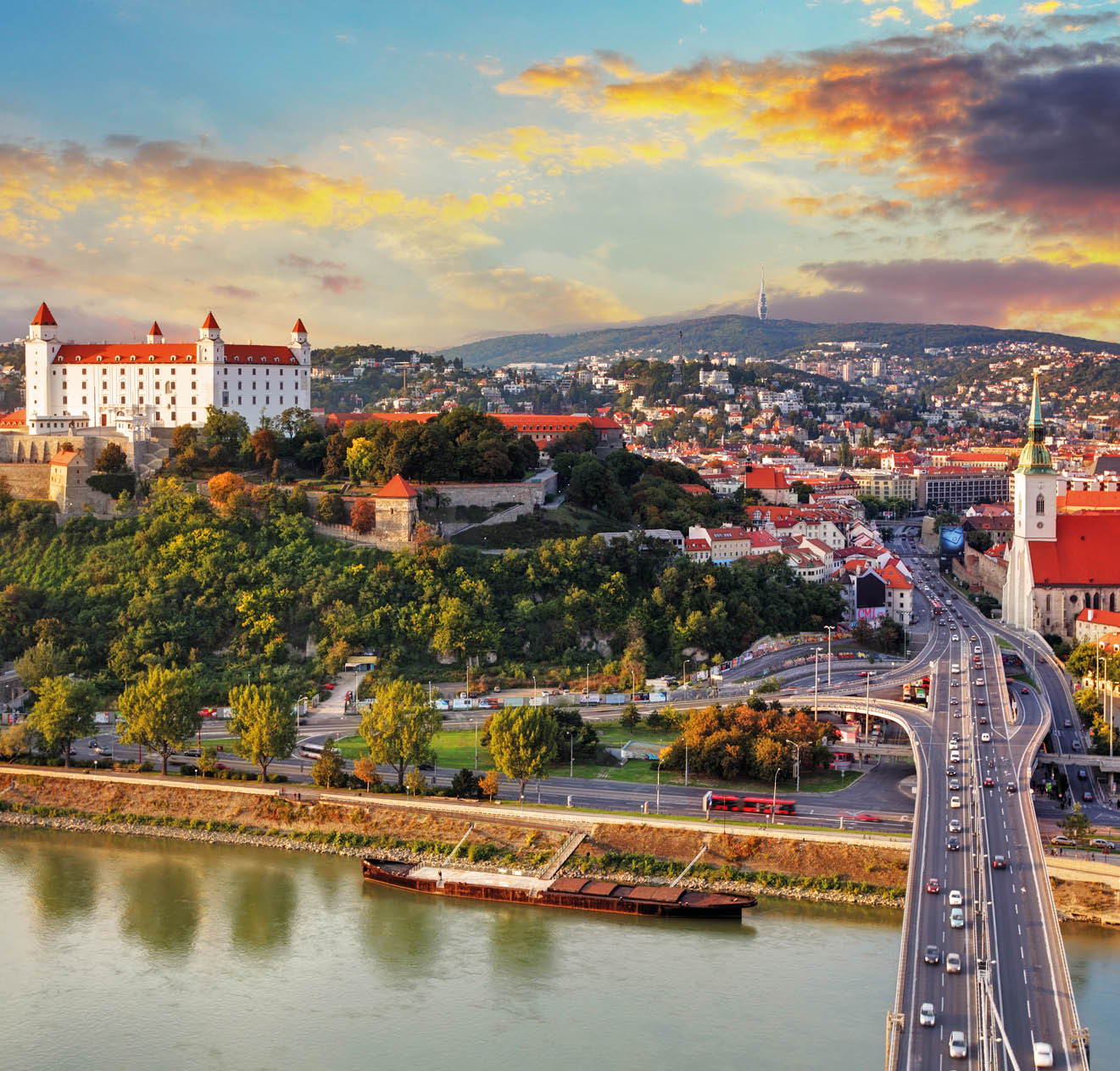 Bratislava at sunset - aerial view, Slovakia