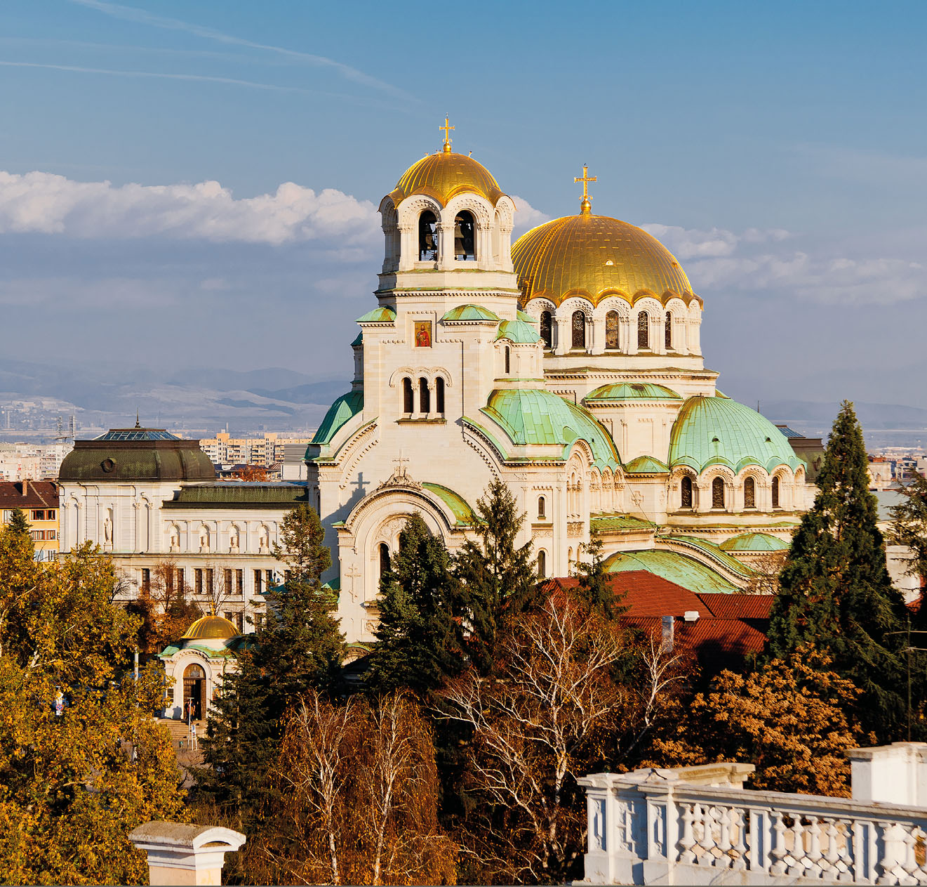 A view of golden domes st. Aleksander Nevski cathedral and downtown Sofia, Bulgaria