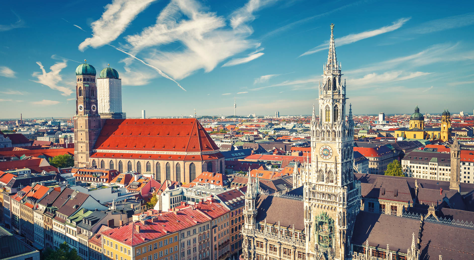 Aerial view of Munchen: New Town Hall and Frauenkirche