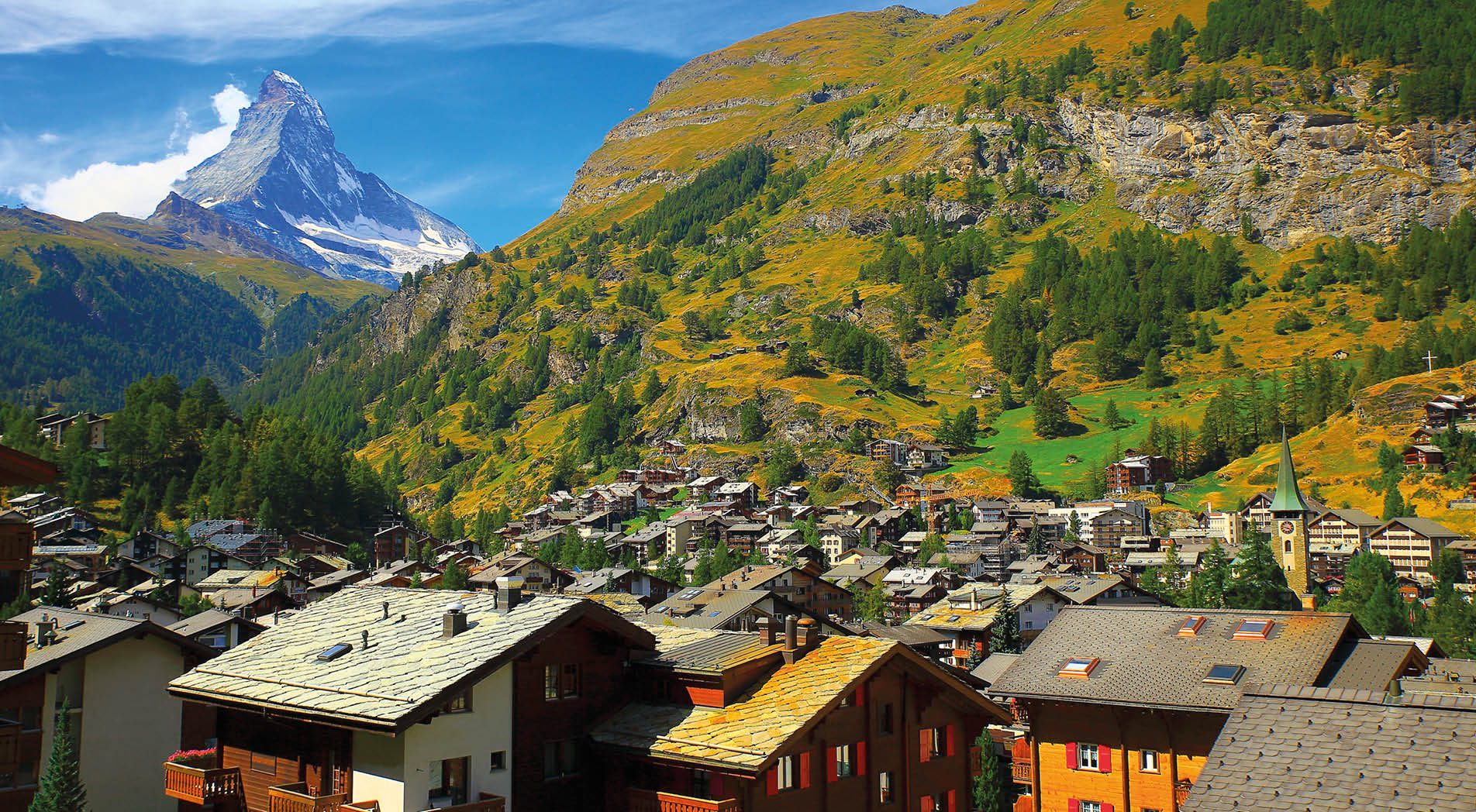Matterhorn Above Zermatt alpine village swiss chalets panorama, Swiss Alps