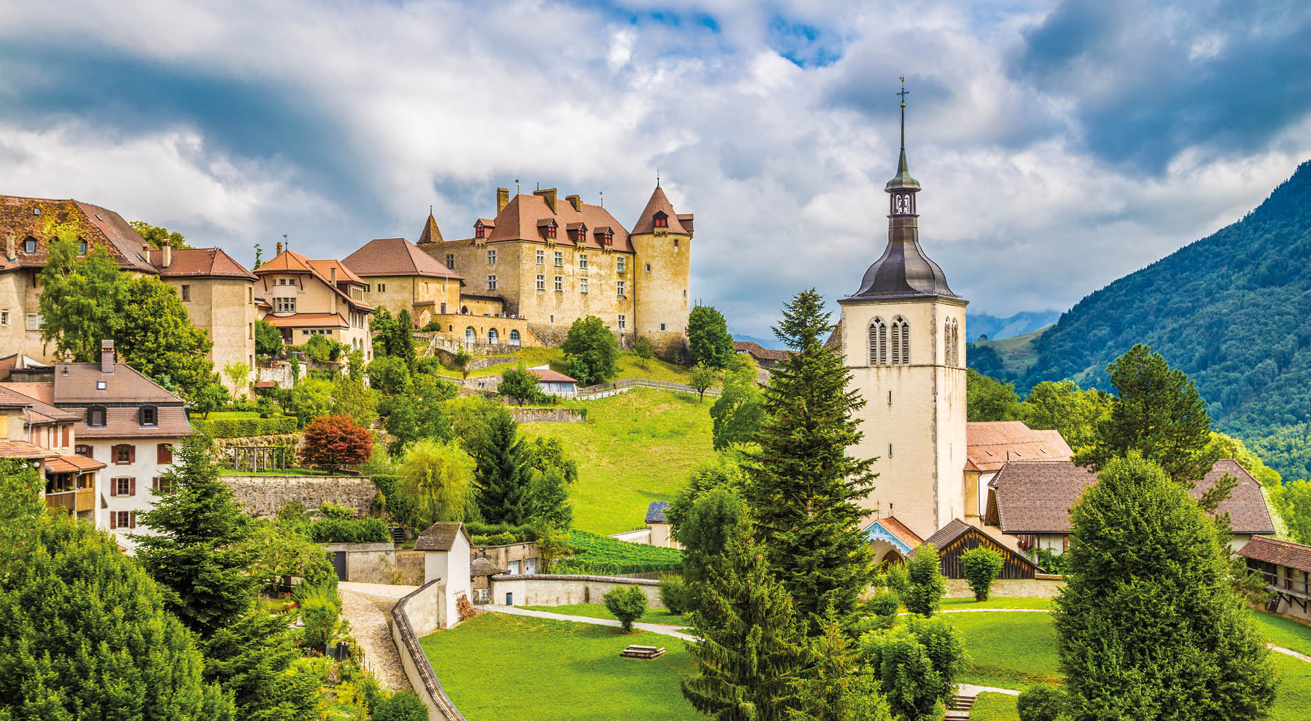 Beautiful view of the medieval town of Gruyeres, home to the world-famous Le Gruyere cheese, canton of Fribourg, Switzerland.