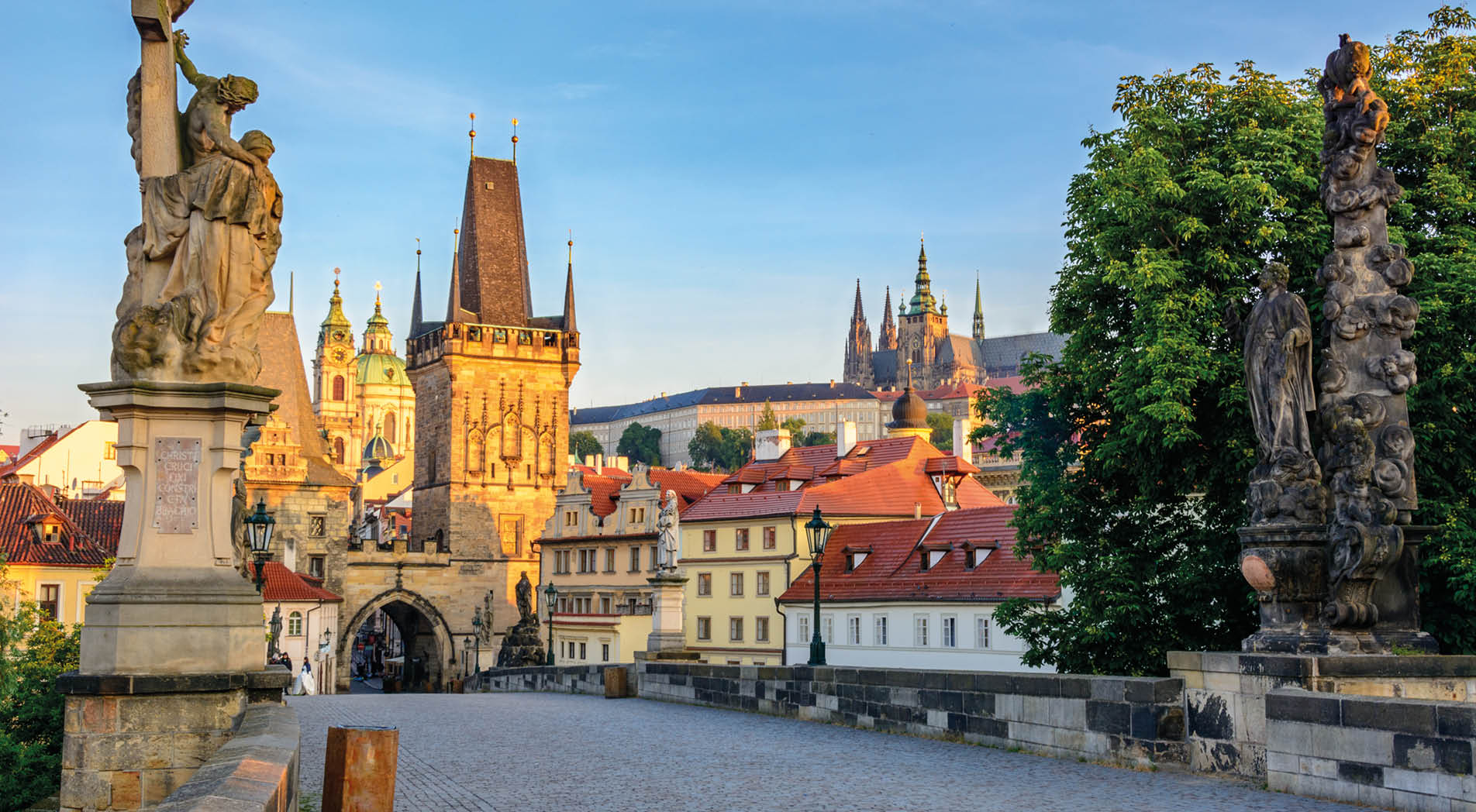 Main landmarks of Prague: Prague Charles Bridge, Prague castel, Lesser Town Bridge Towers, Czech Republic, Eastern Europe