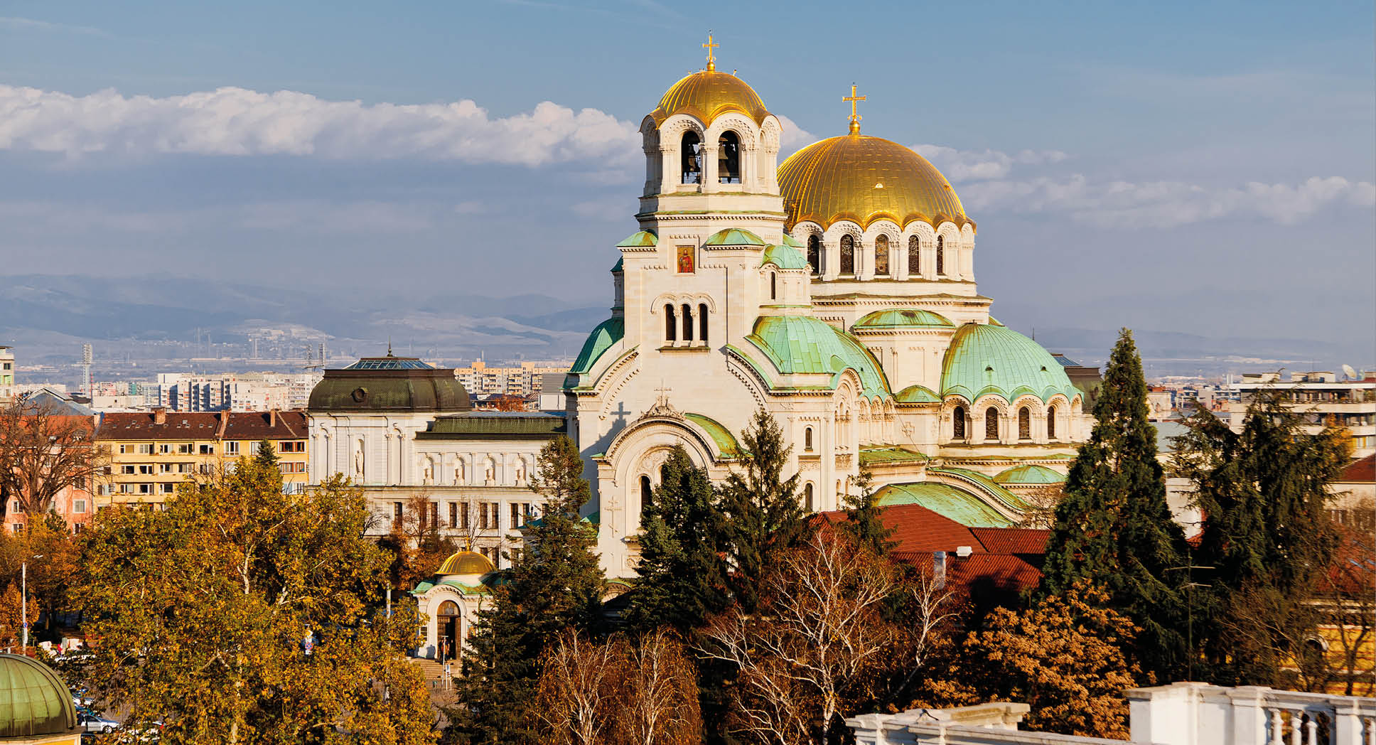 A view of golden domes st. Aleksander Nevski cathedral and downtown Sofia, Bulgaria