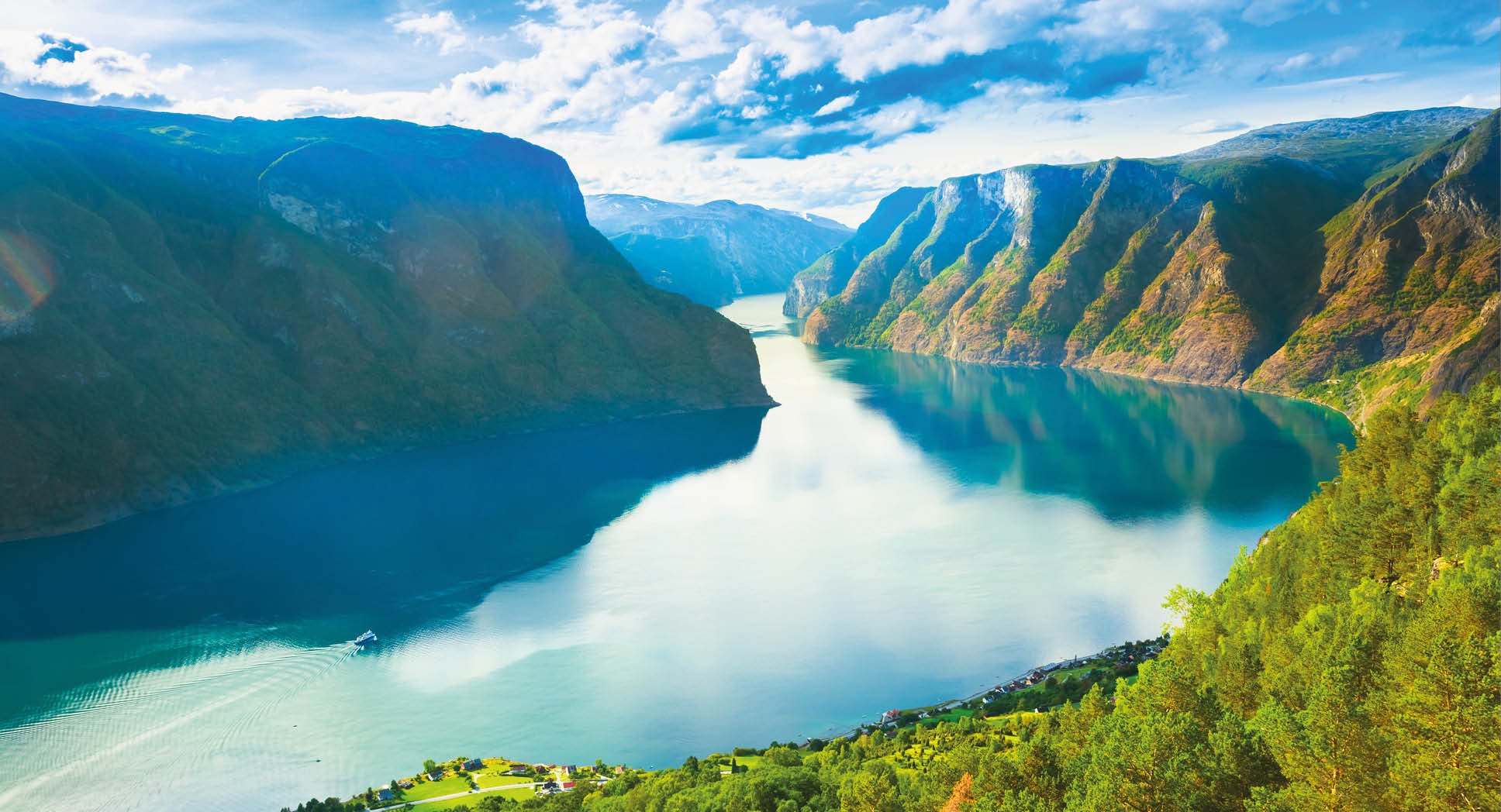 Norway Nature Fjord, Summer Sognefjord. Sunny Day, Landscape With Mountain, Pure Water Lake, Pond, Sea