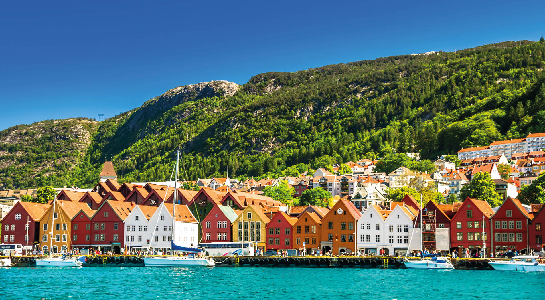 View on Cityscape and wooden building of Bryygen in Norway