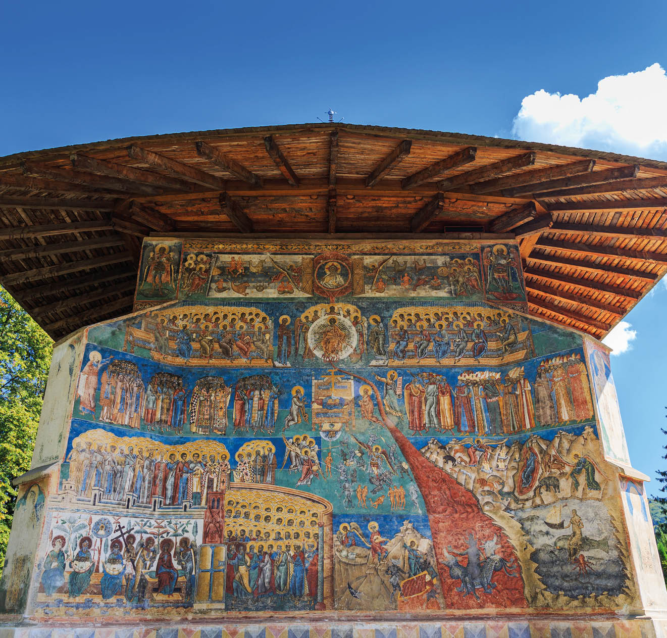 Voronet Monastery, Bucovina, Romania.The Last Judgment, painted on the exterior of the church.