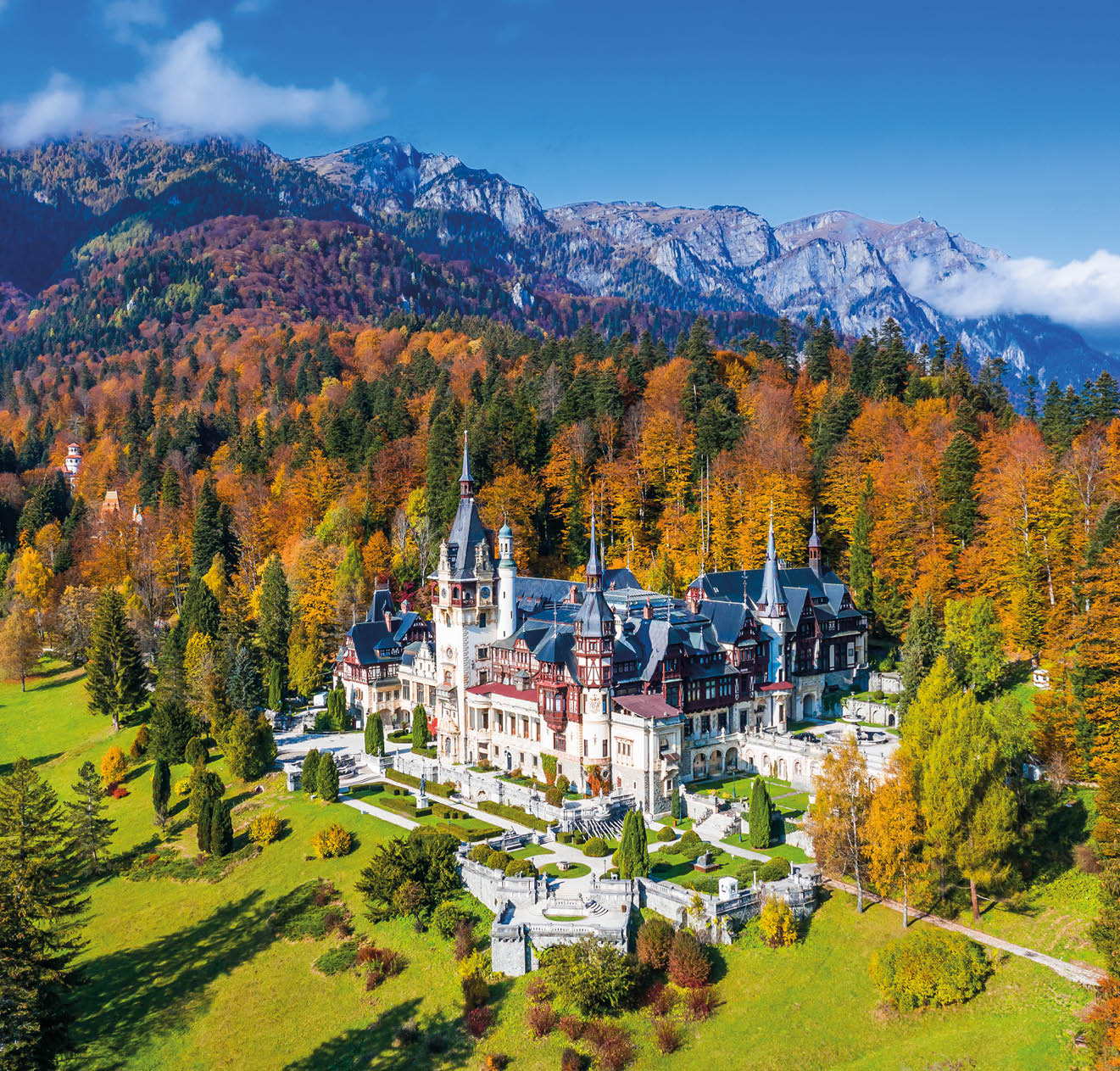 Peles castle in autumn. Sinaia, Prahova county, Romania.