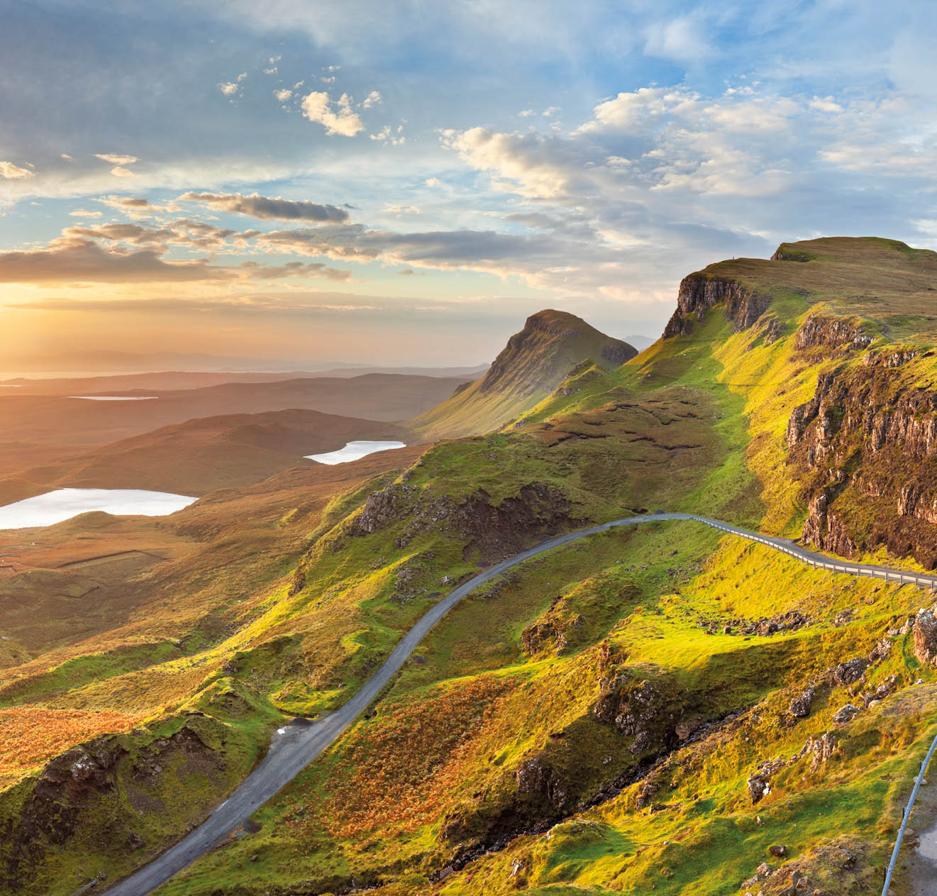 Beautiful light at Quiraing, Isle of Skye, Scotland. A seamlessly stitched panoramic image.