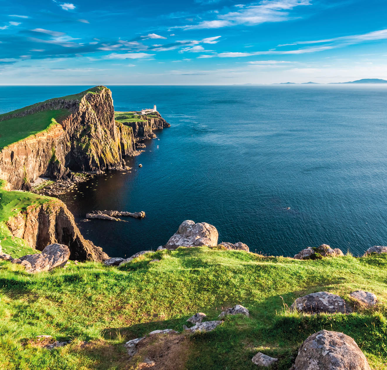 Stunning dusk at the Neist point lighthouse in Isle of Skye, Scotland