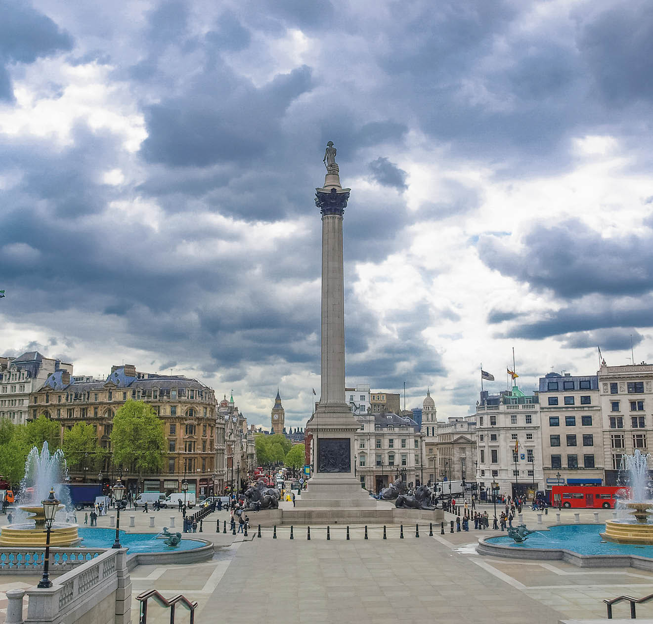 View of Trafalgar Square in London from the National Gallery porch, with unrecognisable crowd