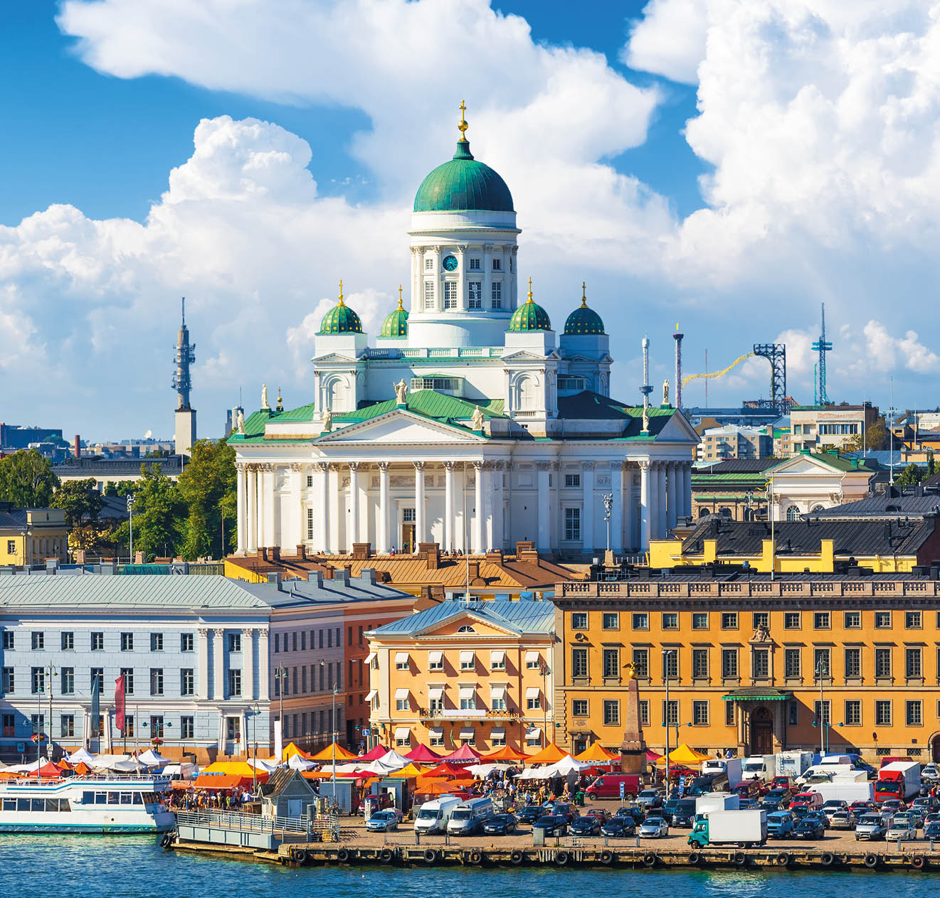 Scenic summer panorama of the Market Square (Kauppatori) at the Old Town pier in Helsinki, Finland
