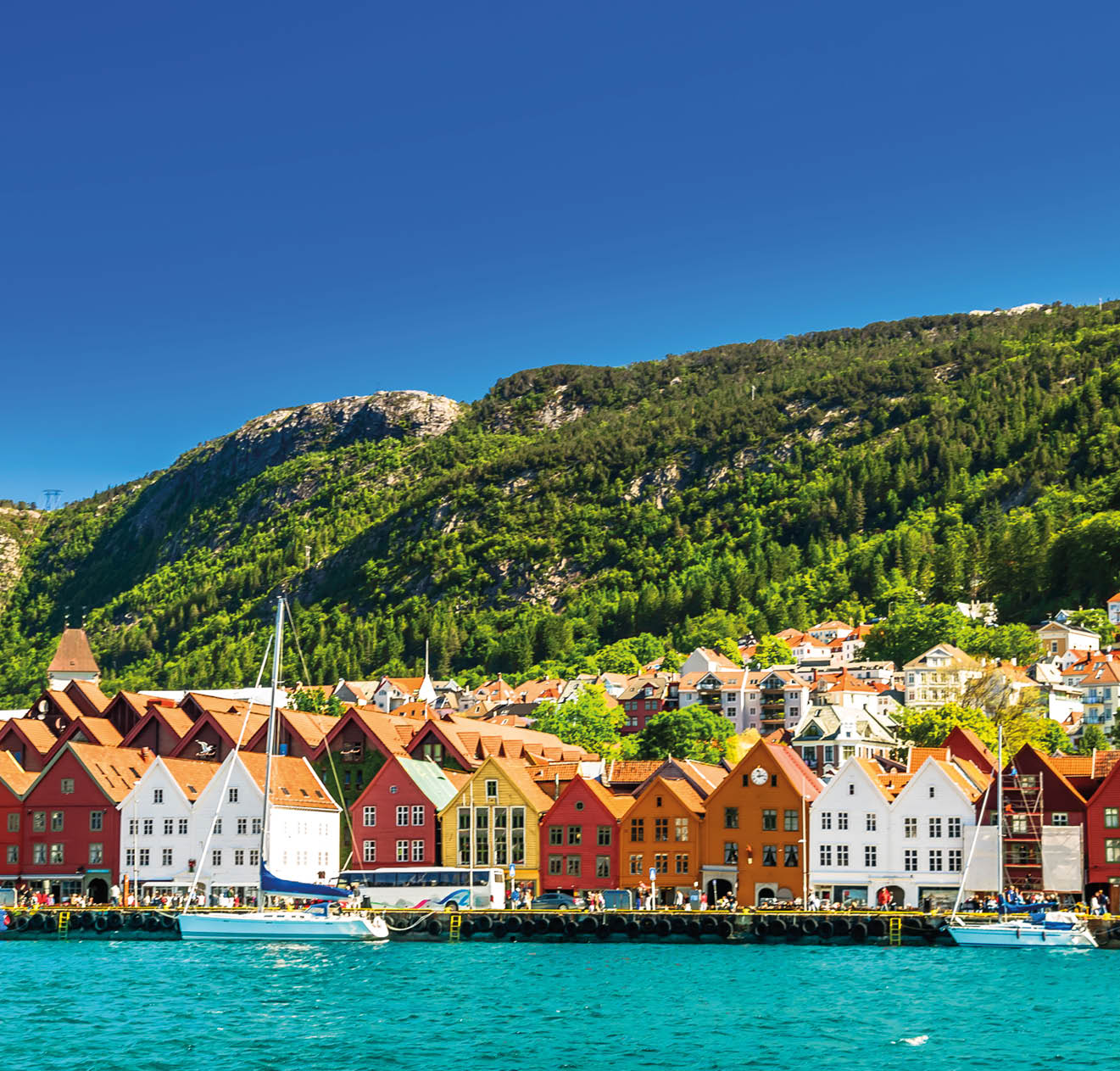 View on Cityscape and wooden building of Bryygen in Norway