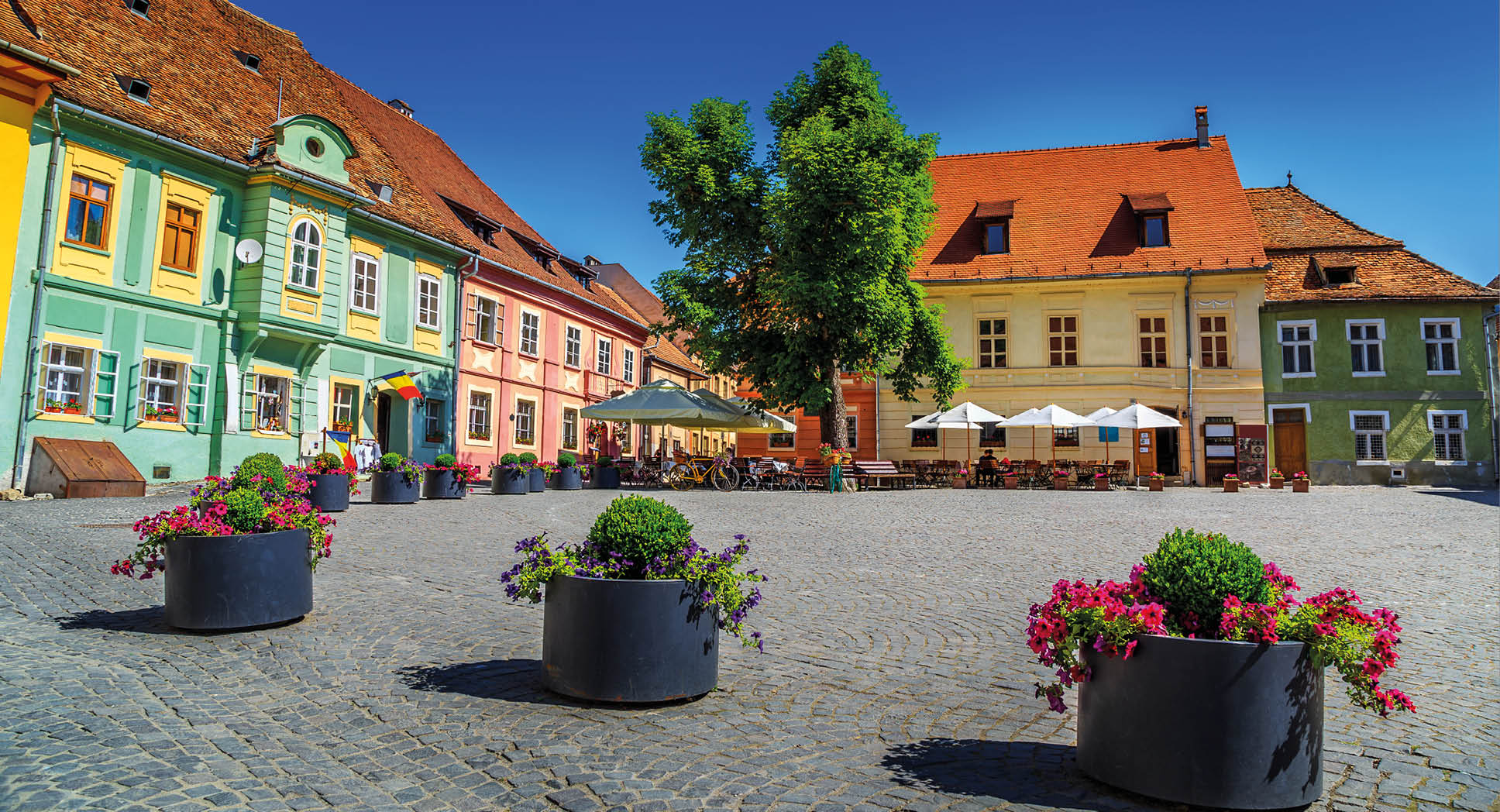 Stone paved old street with cafe bar in city center,Sighisoara fortress,Transylvania,Romania,Europe