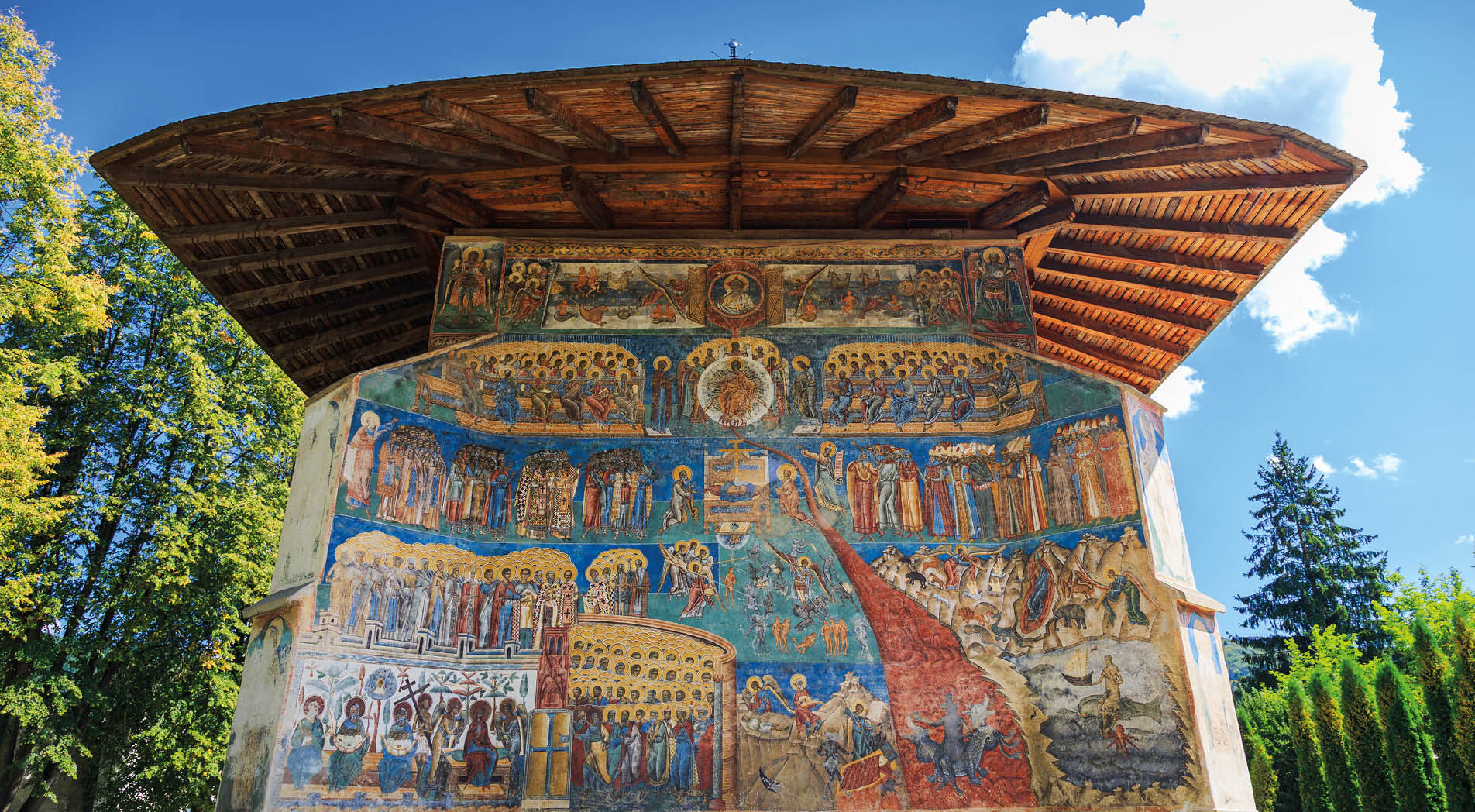 Voronet Monastery, Bucovina, Romania.The Last Judgment, painted on the exterior of the church.