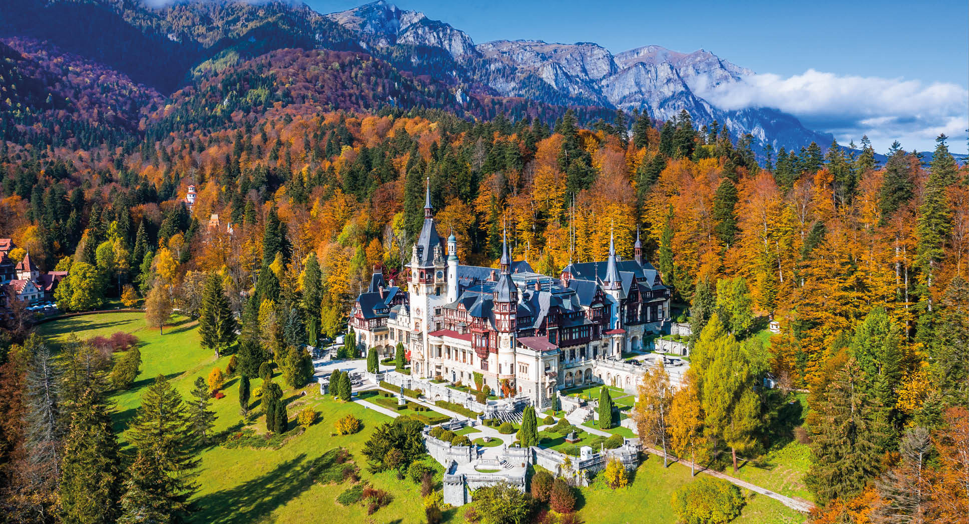 Peles castle in autumn. Sinaia, Prahova county, Romania.