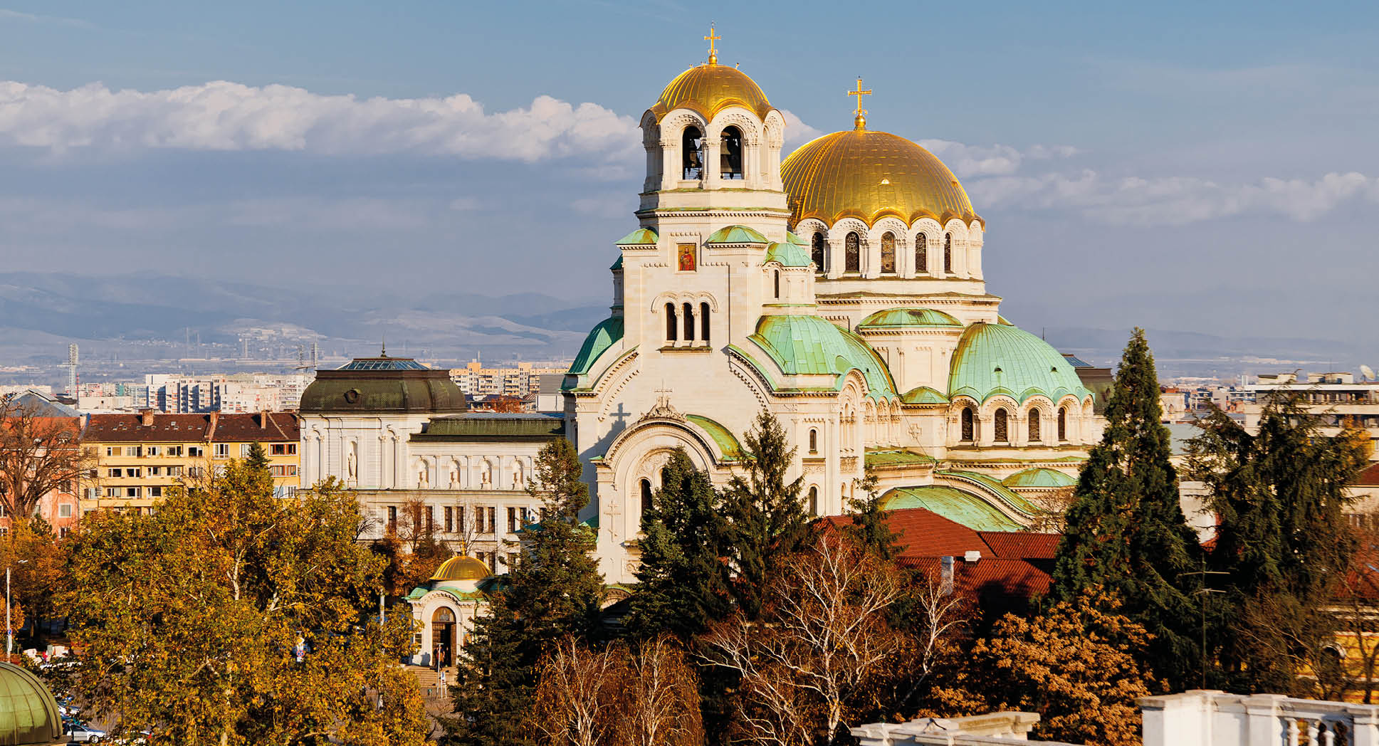 A view of golden domes st. Aleksander Nevski cathedral and downtown Sofia, Bulgaria