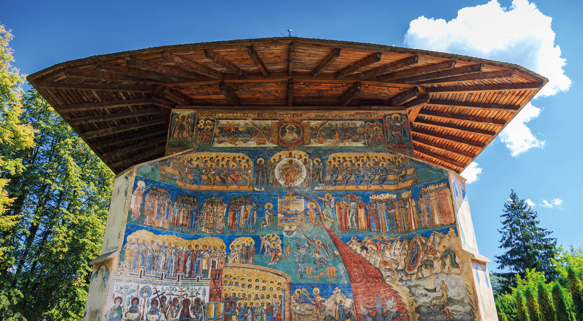 Voronet Monastery, Bucovina, Romania.The Last Judgment, painted on the exterior of the church.