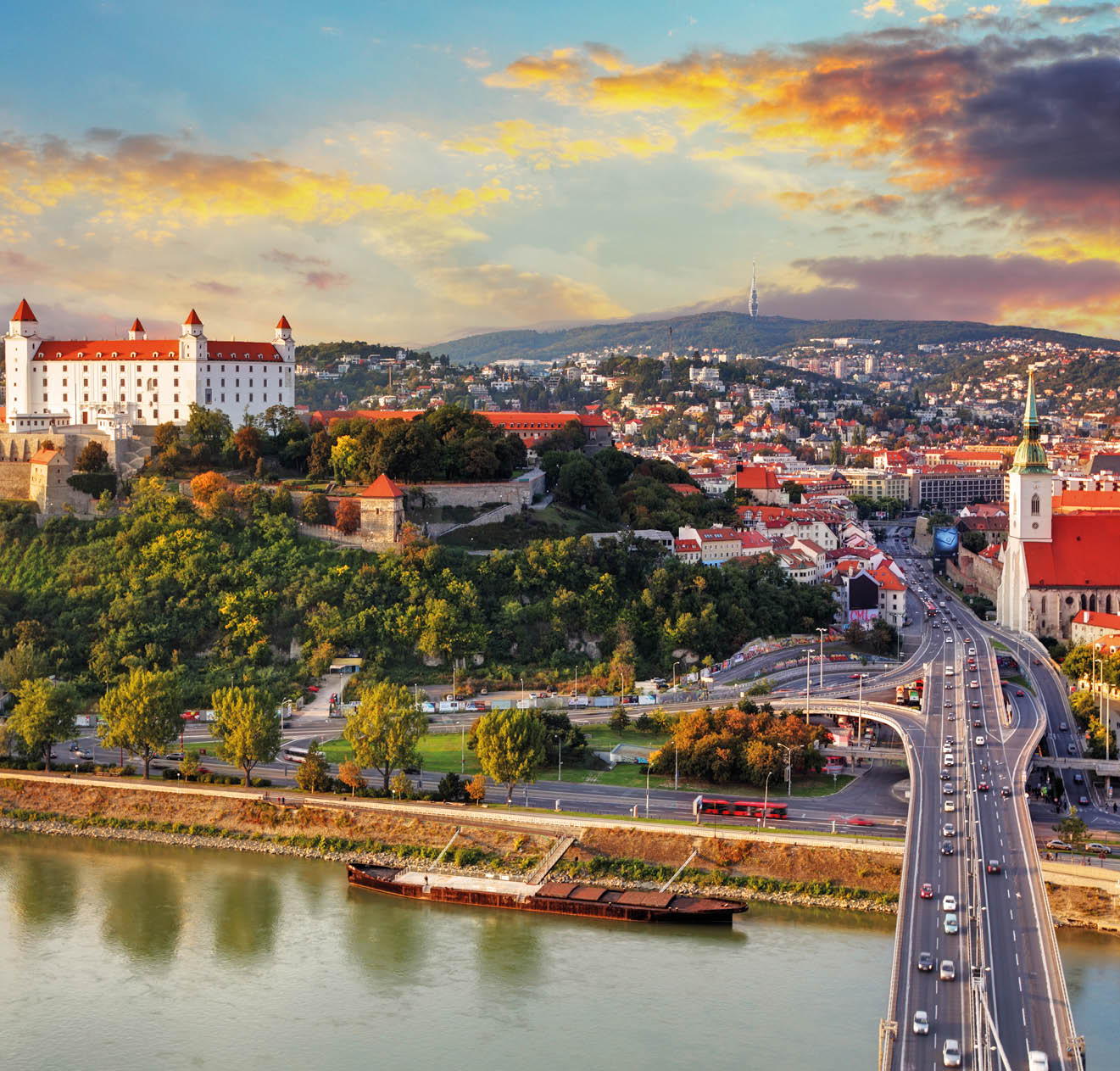 Bratislava at sunset - aerial view, Slovakia
